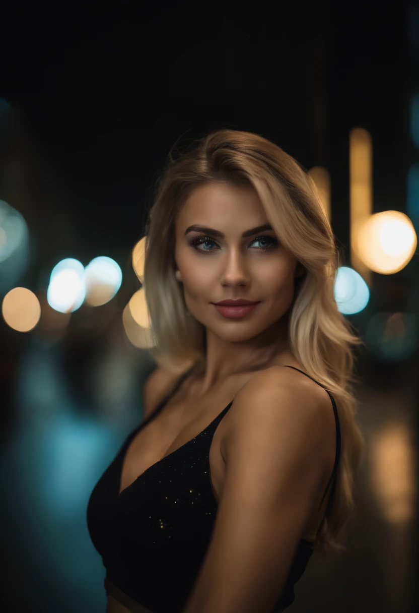 (selfie, top view: 1.4), (straight half of the body: 1.4), RAW UHD portrait photo of a 24-year-old blonde (blue-eyed woman) walking down a dark alley, large breasts,, city at night, (skirt), (neckline), details (textures! , hair! , glitter, color!! , disadvantages: 1.1), glossy eyes with high detail (looking at the camera), SLR lighting, SLR camera, ultra-quality, sharpness, depth of field, film grain (center), Fujifilm XT3, crystal clear, frame center, beautiful face, sharp focus, street lamp, neon lighting, bokeh (dimly lit), night, (night sky), detailed skin pores, oily skin, sunburn, complex eye details, full body, large breasts