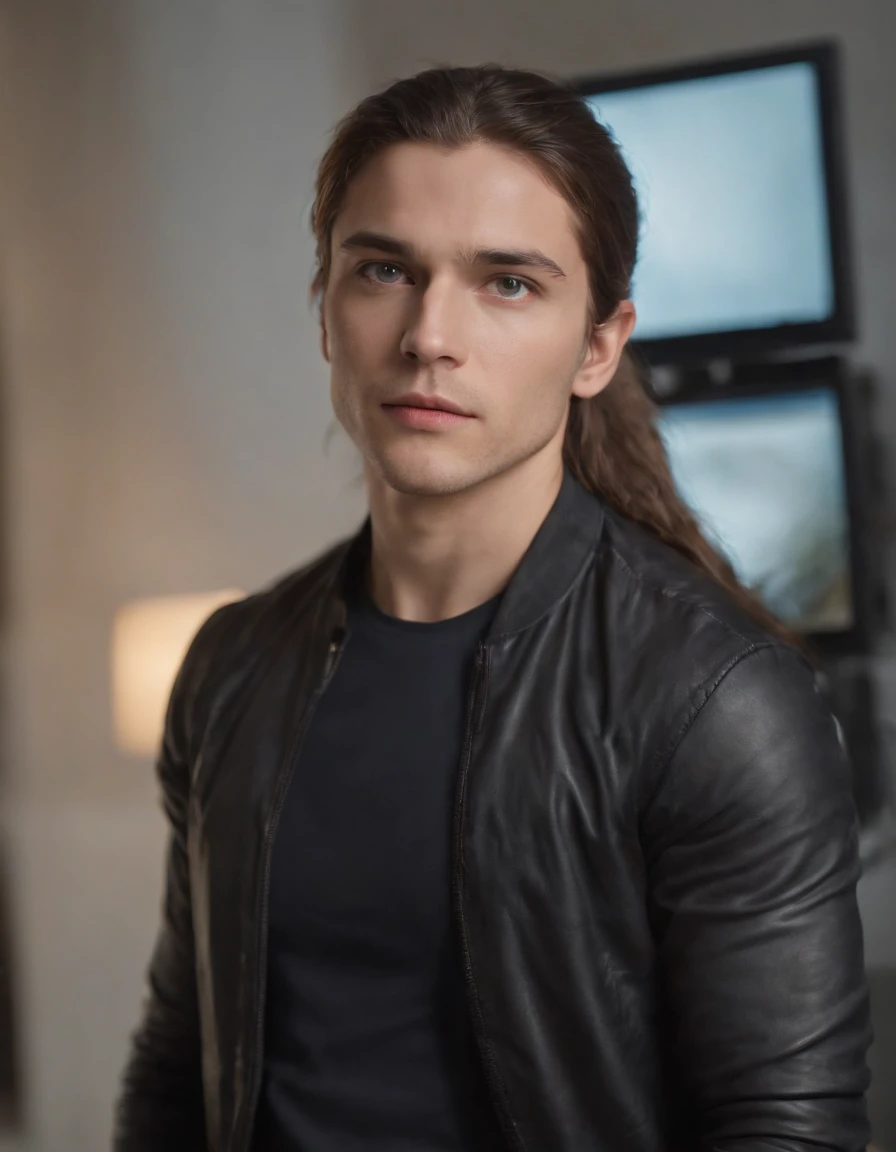 Crie uma imagem de um cara com corpo definido com cabelos longos e pretos, who are stuck in a ponytail. He's wearing a black outfit, including a black T-shirt and black pants. He has blue eyes and an expression of boredom on his face. Behind him, there are three monitors and a gaming PC. A imagem deve ser super detalhada, mostrando os detalhes dos cabelos, roupas e dos equipamentos de computador.