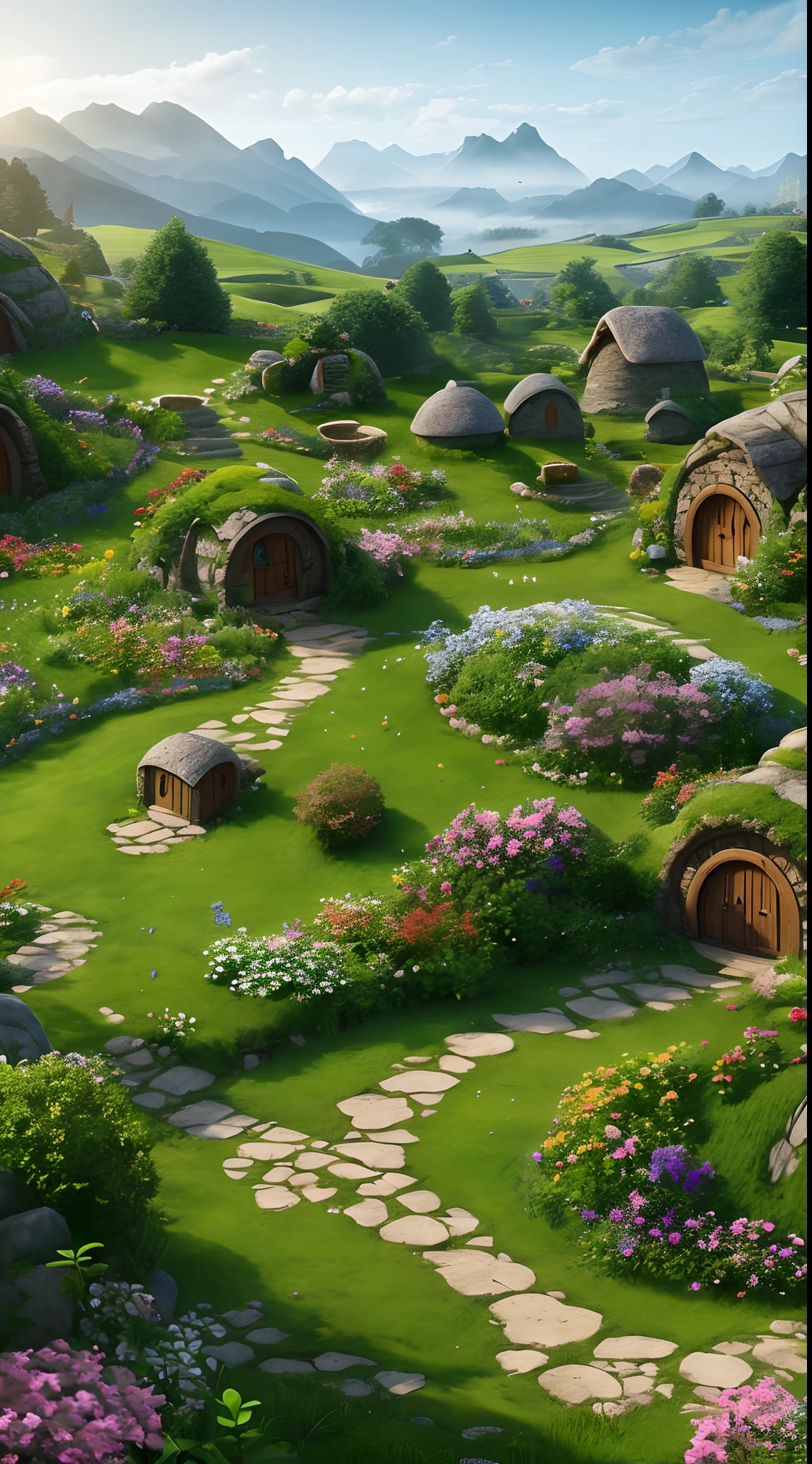Landscape hobbit village, house with round windows and doors, small garden with small flowers, fantastic spring elf forest, flowers, sun, mountains in the mist in the background. High Quality, Hobbit Movies, Lord of the Rings Movies, Lord of the Rings Movies CG Unity 8k cg Unity 8k