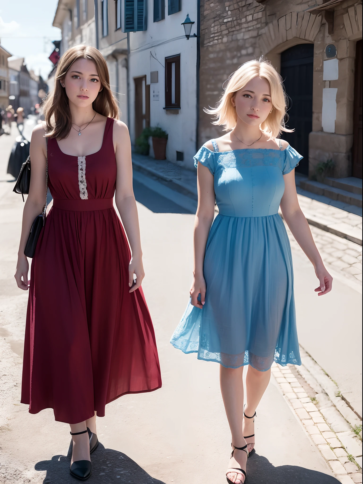 Best Quality, masutepiece, photos realistic, Intricate details, Raw photo, ultra-detailliert, Old fashioned young woman, In peasant style dresses, No neckline, Blonde hair, Perfect details and blue eyes, Walk through the Old Town, HD quality, 8K, Young Woman, 20 years old