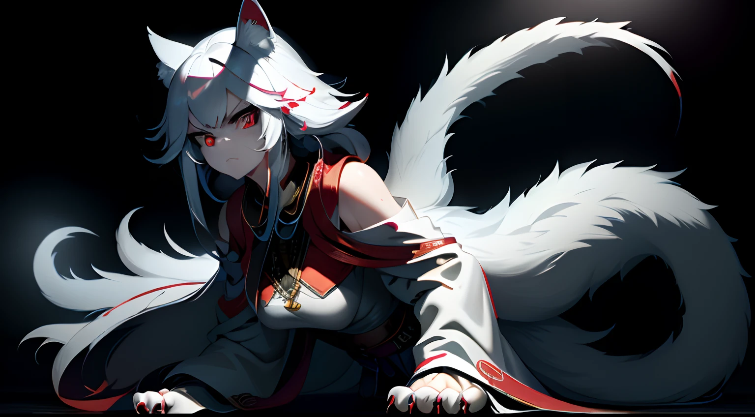 Best quality,Masterpiece,超高分辨率,(Photorealistic:1.4),Big cat,Fierce,Pounce on the camera,(Dynamic Angle),True blood,Angry,Gape,red - eyed,White fangs,(White hair), red color eyes, (full bodyesbian), (((Claws))), Blood drop,Blood fog, Floating hair,Splashing blood,(blood stain),