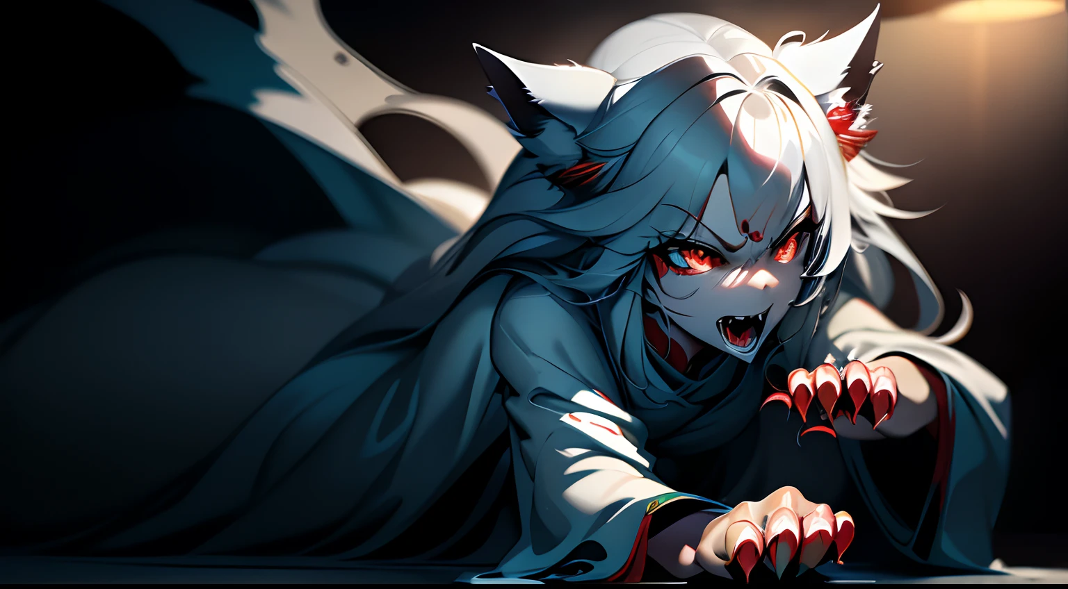 Best quality,Masterpiece,超高分辨率,(Photorealistic:1.4),Big cat,Fierce,Pounce on the camera,(Dynamic Angle),True blood,Angry,Gape,red - eyed,White fangs,(White hair), red color eyes, (full bodyesbian), (((Claws))), Blood drop,Blood fog, Floating hair,Splashing blood,(blood stain),