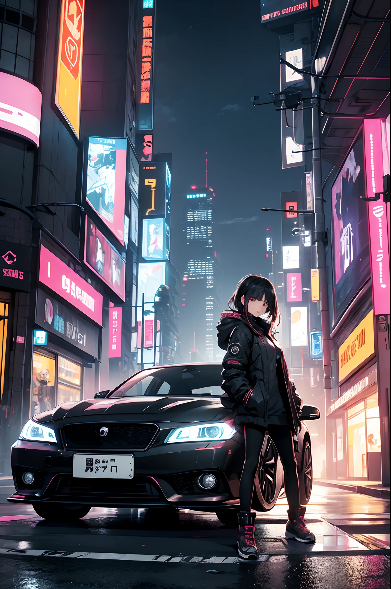 Futuristic cyberpunk car、Girl leaning against car、parka、ruins、early evening