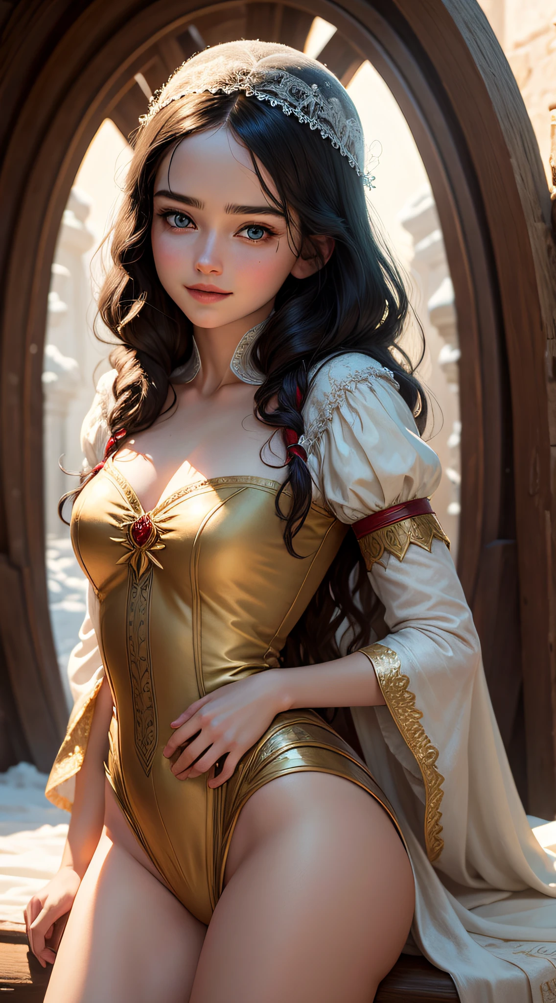 Fairy Tales of the Brothers Grimm, seductive Snow White ( (Ana de Armas:0.5, Elle Fanning:0.5)), highly detailed, dystropic atmosphere, beautiful face, hyper realistic, cute smile , golden hour, legs, natural skin, Artwork