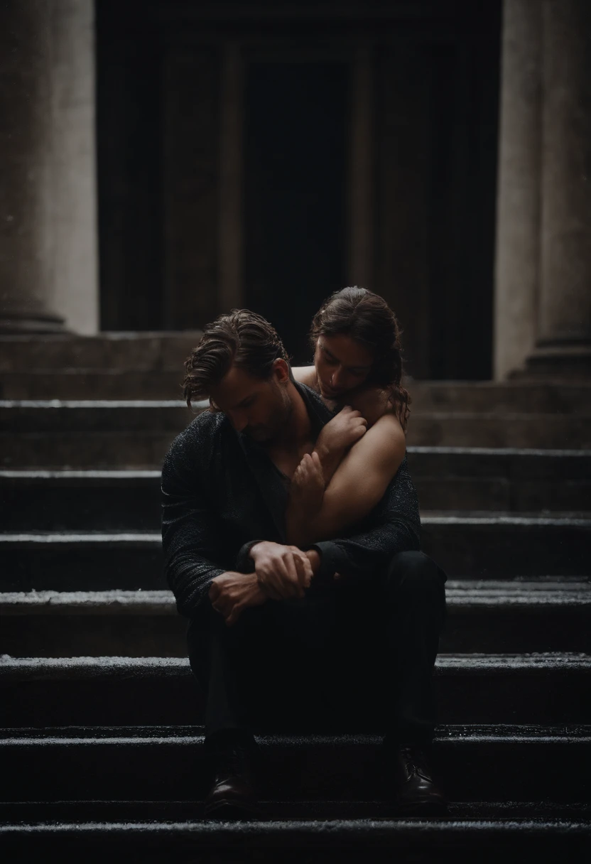 of a guy,On the steps,Holding a woman in his arms,The heavy rain soaked the whole body,The woman is completely relaxed and weak,The man looked up at the sky