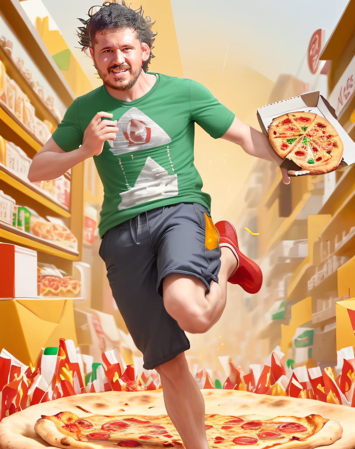 Na imagem, A person is in full motion, running around with a pizza in one hand and a beer in the other. His face shows determination and joy. The pizza is triangular, with golden border and melted cheese visible. The hand holding the beer features condensation drops and a bottle with a visible label. The scene is dynamic, with the person's feet raised off the ground, indicando a velocidade. The atmosphere is festive and relaxed, com cores quentes, suggesting a celebration or fun. The sound of hurried footsteps creates a sense of action and animation.