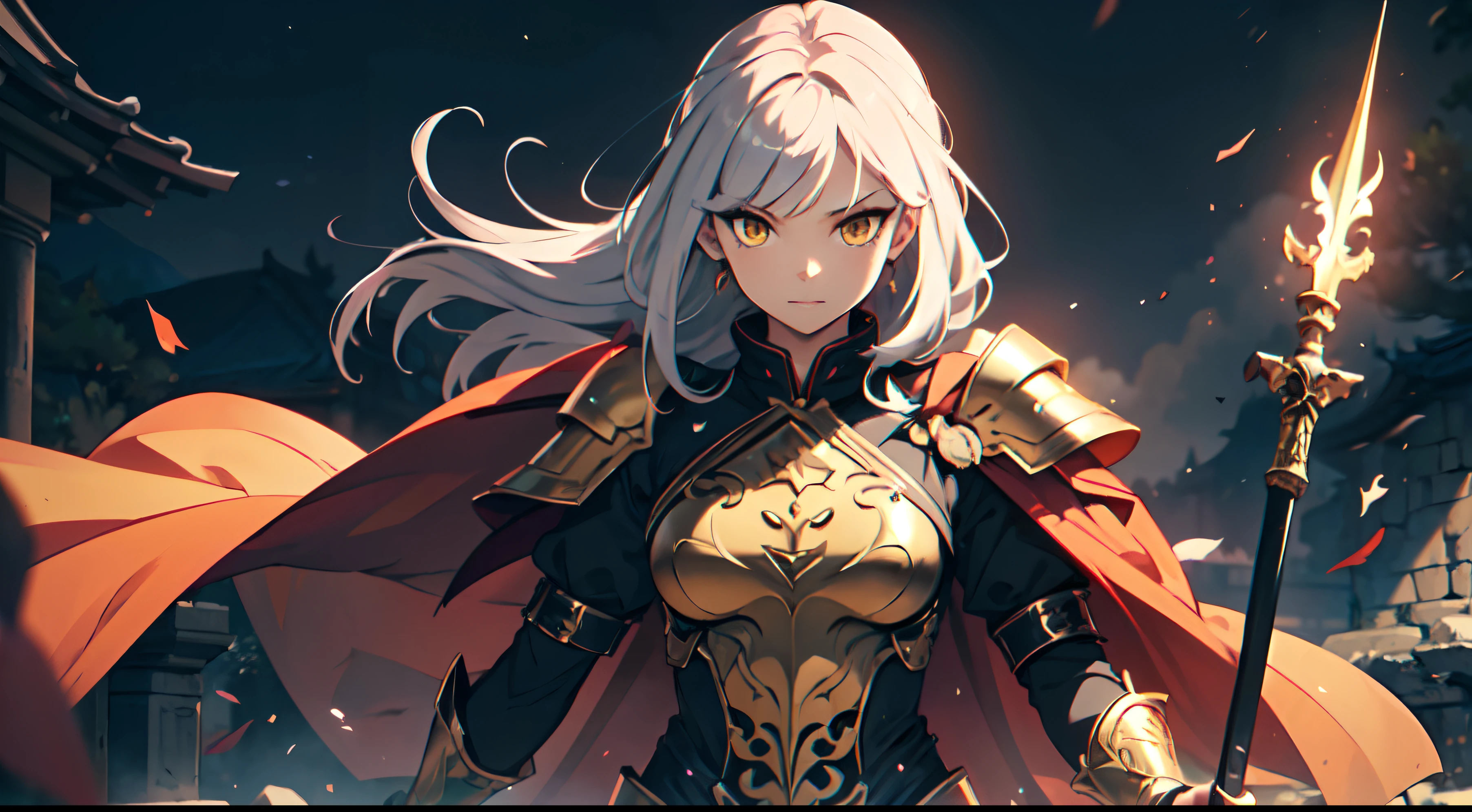 1 Girl, Xin From Kingdom Anime, Armored With Golden Samurai Armor With A Cape, Ultra High Definition, 8k, Handsome, Black And Yellow Pupil Eyes, Long White Hair, Ancient Kingdom Background, Extremely Detailed, Holding A Long Spear, Body To Leg Body Shot,