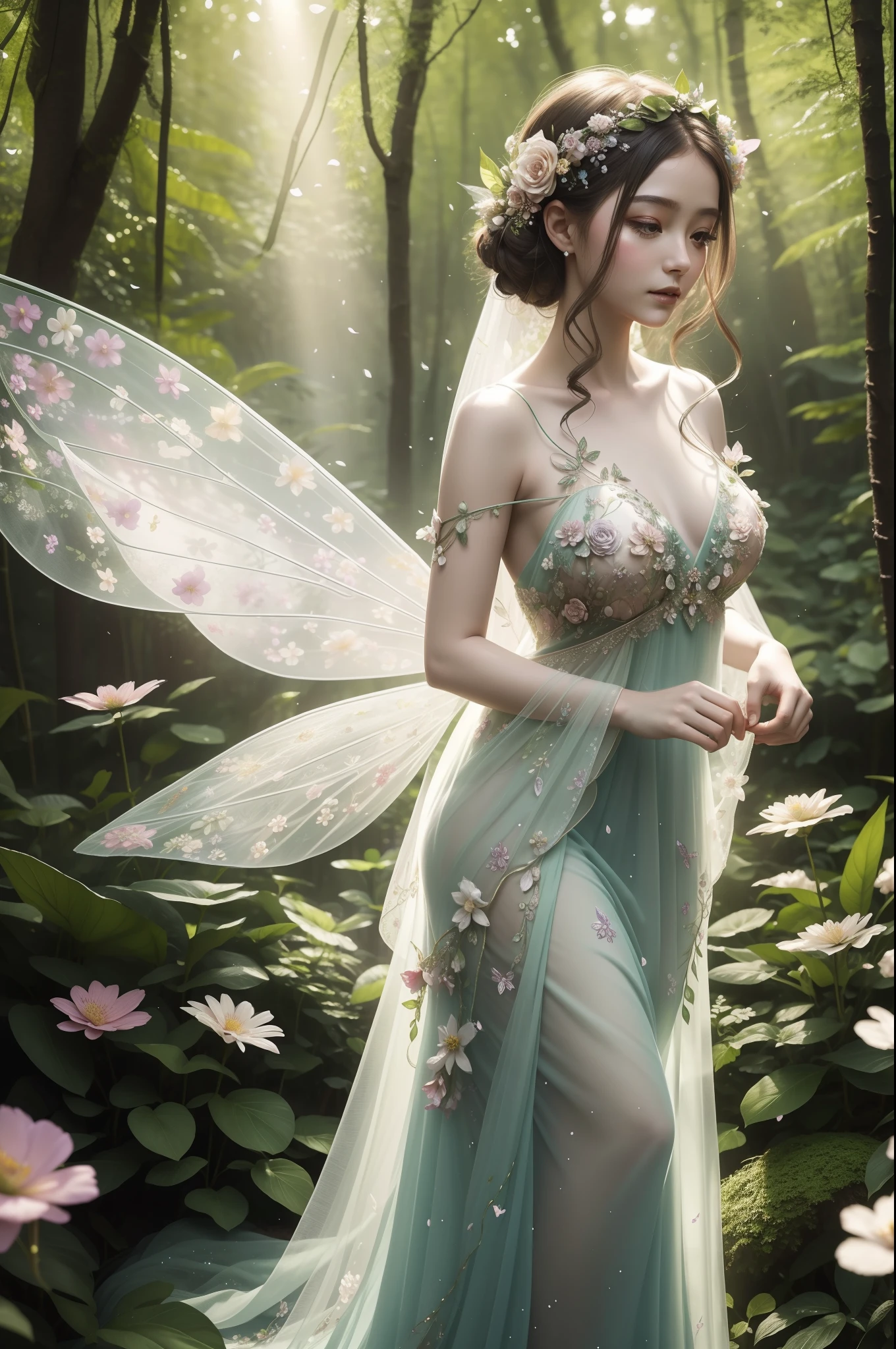 Flower fairy as the center of a whimsical forest scene where vibrant flowers and lush greenery create a magical backdrop. Flower Fairy, A delicate and ethereal existence, florals々Hovering gracefully, Her gossamer wings shimmer in the mottled sunshine. She wears a gown woven with petals and leaves, Decorated with intricate floral patterns that reflect her surroundings.