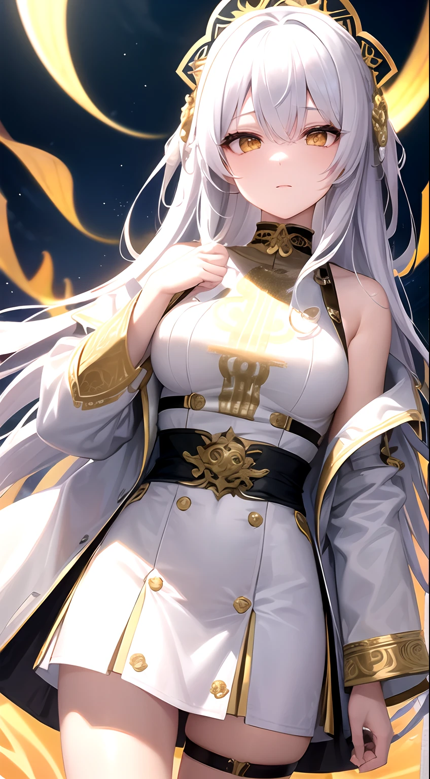 (masterpiece), (looking at pov), golden katana, (oversized clothes:1.2), miniskirt, ((white clothes)), choker, (bandaged hands), (white coat with ornate golden embroidery, golden embellished), (white hair, golden streaks on hair), yellow eyes, thigh strap, (golden structures), (clouds), add_detail:1, hair over eyes, hair over one eye,colorful_girl_v2,1 girl