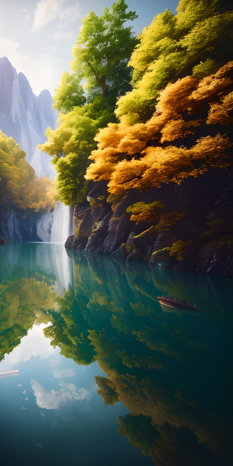 masterpiece, best quality, high quality, extremely detailed CG unity 8k 16:9 wallpaper, scenery, outdoors, sky, cloud, day, no humans, mountain, small birds , lily lake,landscape, water, cherry trees, blue sky, high waterfall, high cliff, nature, lake, river, cloudy sky,award winning photography, Bokeh, Depth of Field, HDR, bloom, Chromatic Aberration ,Photorealistic,extremely detailed, trending on artstation, trending on CGsociety, Intricate, High Detail, dramatic, art by midjourney