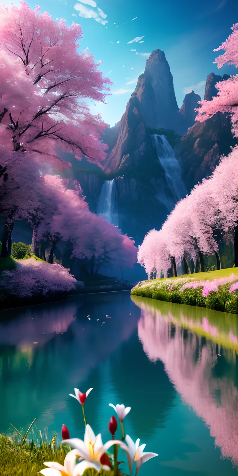 masterpiece, best quality, high quality, extremely detailed CG unity 8k 16:9 wallpaper, scenery, outdoors, sky, cloud, day, no humans, mountain, small birds , lily lake,landscape, water, cherry trees, blue sky, high waterfall, high cliff, nature, lake, river, cloudy sky,award winning photography, Bokeh, Depth of Field, HDR, bloom, Chromatic Aberration ,Photorealistic,extremely detailed, trending on artstation, trending on CGsociety, Intricate, High Detail, dramatic, art by midjourney