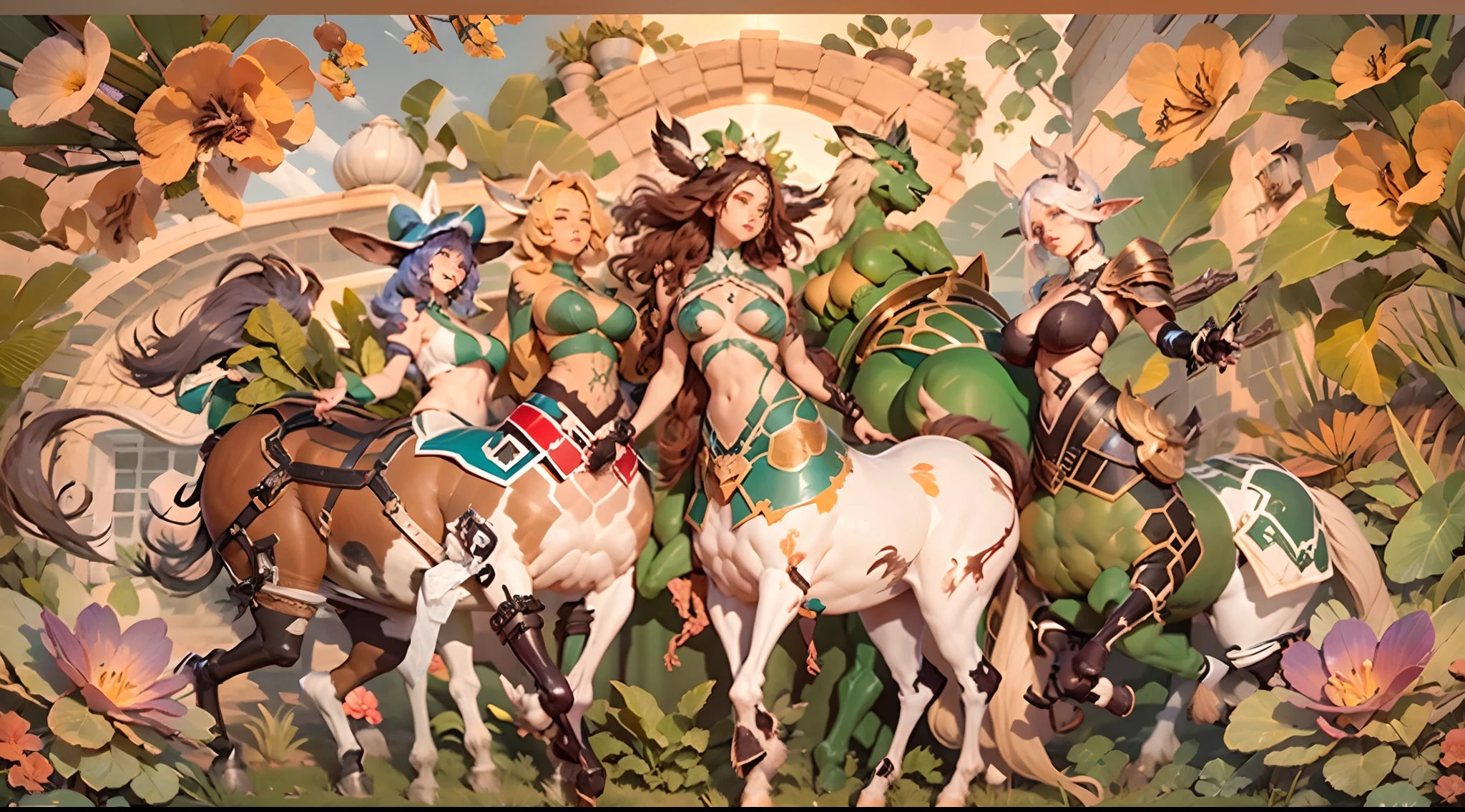 In the beautiful illustration of this super-grand scene,The ultra-distant lens shows us(Over eight separate and distinctive centaur characters:9.9),They all have their own characteristics,Vivid and interesting。Radiant from the heavens(Angelic centaurs:6.6),To nightmarish is(Centaurs surrounded by flames:6.6)、And then to the wind dancing in the air(Fairy centaurs:6.6)、And thunder and lightning surrounding(One-horned centaur:6.6),and shining metallic ones(Mechanical style centaur:6.6)、And then(A centaur with colorful dragon scales covering the whole body:6.6)The power is powerful、Elegant and agile(Elf centaur's slenderness:6.6)Gracefully wears a flower crown、Enchanting and charming(Tiflin centaurs:6.6)、Have the indescribable(Raised sexy:6.6)'s(Succubus centaurs:6.6)。Each character has their own unique charms and abilities。The illustration uses advanced artistic techniques and tools,(Use nesting、woven、stitching、ssee-through、arrange、grouping、Storyboards and other methods,Divide the scene into sections by geometric arrangement:9.9),Each section corresponds to a centaur character,This makes more efficient use of space。Through Midjourney's advanced brush tools、Color palette、Material packs and model packs、Texture tools,For each centaur, beautiful props are designed to increase racial characteristics、Clothing and physical features,(Enhances the character's personality and visual appeal:2.5),The scenery in the illustrations is stunning,There are changing skies、rainbowing、extreme light、Stars and Moon。Incorporating iconic landmarks such as Mount Everest,and fireworks、tranquil lake、Natural and urban elements of waves and neon lights,Creates a magical atmosphere,The centaurs display their unique abilities and equipment in a variety of environments,This is true even in extreme alien landscapes。(Use Midjourney's tools、Material packs、Texture tools、The color palette makes depicting details vivid and realistic:9.9),From complex hairstyles and as well as different racial traits、Body、Ap