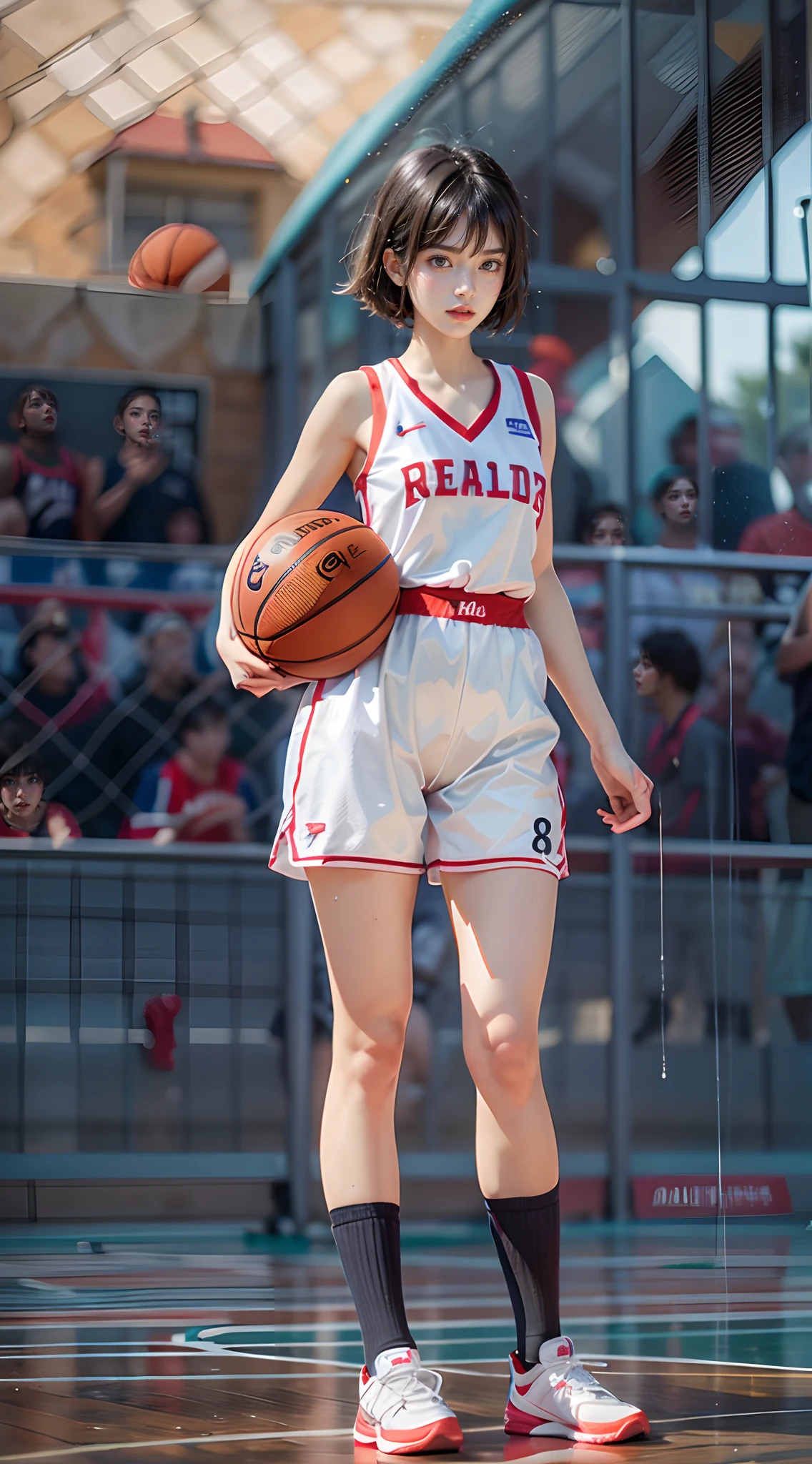 (The FW), 1womanl, Solo, 24 year old, (cute face), (Ideal ratio body proportions), Basketball court, Basketball Uniforms, Holding a basketball in your hands, The costume is sheer, Wearing sweat, Wet, short-hair, Dark hair, small tits, A slender, Small buttocks, Skinny Legs, surrealism, Cinematic lighting, depth of fields, One-person viewpoint, F/1.8, 135 mm, nffsw, masutepiece, ccurate, Anatomically correct, Textured skin, Super Detail, high details, High quality, awardwinning, Best Quality, hight resolution, 8K