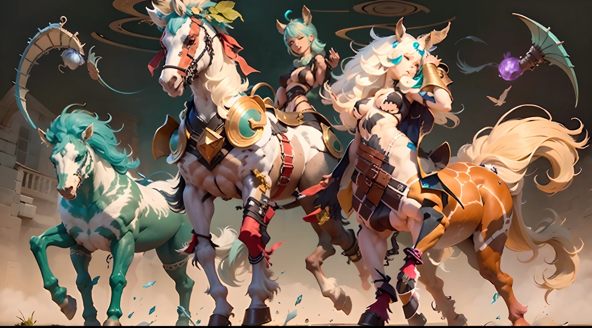 In the beautiful illustration of this super-grand scene,The ultra-distant lens shows us(Over eight separate and distinctive centaur characters:9.9),They all have their own characteristics,Vivid and interesting。Radiant from the heavens(Angelic centaurs:6.6),To nightmarish is(Centaurs surrounded by flames:6.6)、And then to the wind dancing in the air(Fairy centaurs:6.6)、And thunder and lightning surrounding(One-horned centaur:6.6),and shining metallic ones(Mechanical style centaur:6.6)、And then(A centaur with colorful dragon scales covering the whole body:6.6)The power is powerful、Elegant and agile(Elf centaur's slenderness:6.6)Gracefully wears a flower crown、Enchanting and charming(Tiflin centaurs:6.6)、Have the indescribable(Raised sexy:6.6)'s(Succubus centaurs:6.6)。Each character has their own unique charms and abilities。The illustration uses advanced artistic techniques and tools,(Use nesting、woven、stitching、ssee-through、arrange、grouping、Storyboards and other methods,Divide the scene into sections by geometric arrangement:9.9),Each section corresponds to a centaur character,This makes more efficient use of space。Through Midjourney's advanced brush tools、Color palette、Material packs and model packs、Texture tools,For each centaur, beautiful props are designed to increase racial characteristics、Clothing and physical features,(Enhances the character's personality and visual appeal:2.5),The scenery in the illustrations is stunning,There are changing skies、rainbowing、extreme light、Stars and Moon。Incorporating iconic landmarks such as Mount Everest,and fireworks、tranquil lake、Natural and urban elements of waves and neon lights,Creates a magical atmosphere,The centaurs display their unique abilities and equipment in a variety of environments,This is true even in extreme alien landscapes。(Use Midjourney's tools、Material packs、Texture tools、The color palette makes depicting details vivid and realistic:9.9),From complex hairstyles and as well as different racial traits、Body、Ap