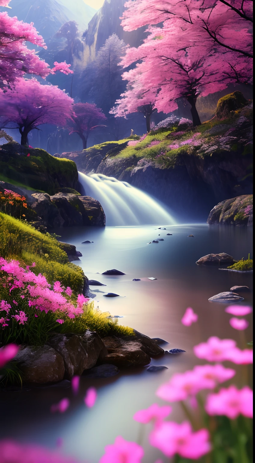 masterpiece, best quality, high quality, extremely detailed CG unity 8k 16:9 wallpaper, scenery, outdoors, sky, cloud, day, no humans, mountain, small birds , lily lake,landscape, water, cherry trees, blue sky, high waterfall, high cliff, nature, lake, river, cloudy sky,award winning photography, Bokeh, Depth of Field, HDR, bloom, Chromatic Aberration ,Photorealistic,extremely detailed, trending on artstation, trending on CGsociety, Intricate, High Detail, dramatic, art by midjourney