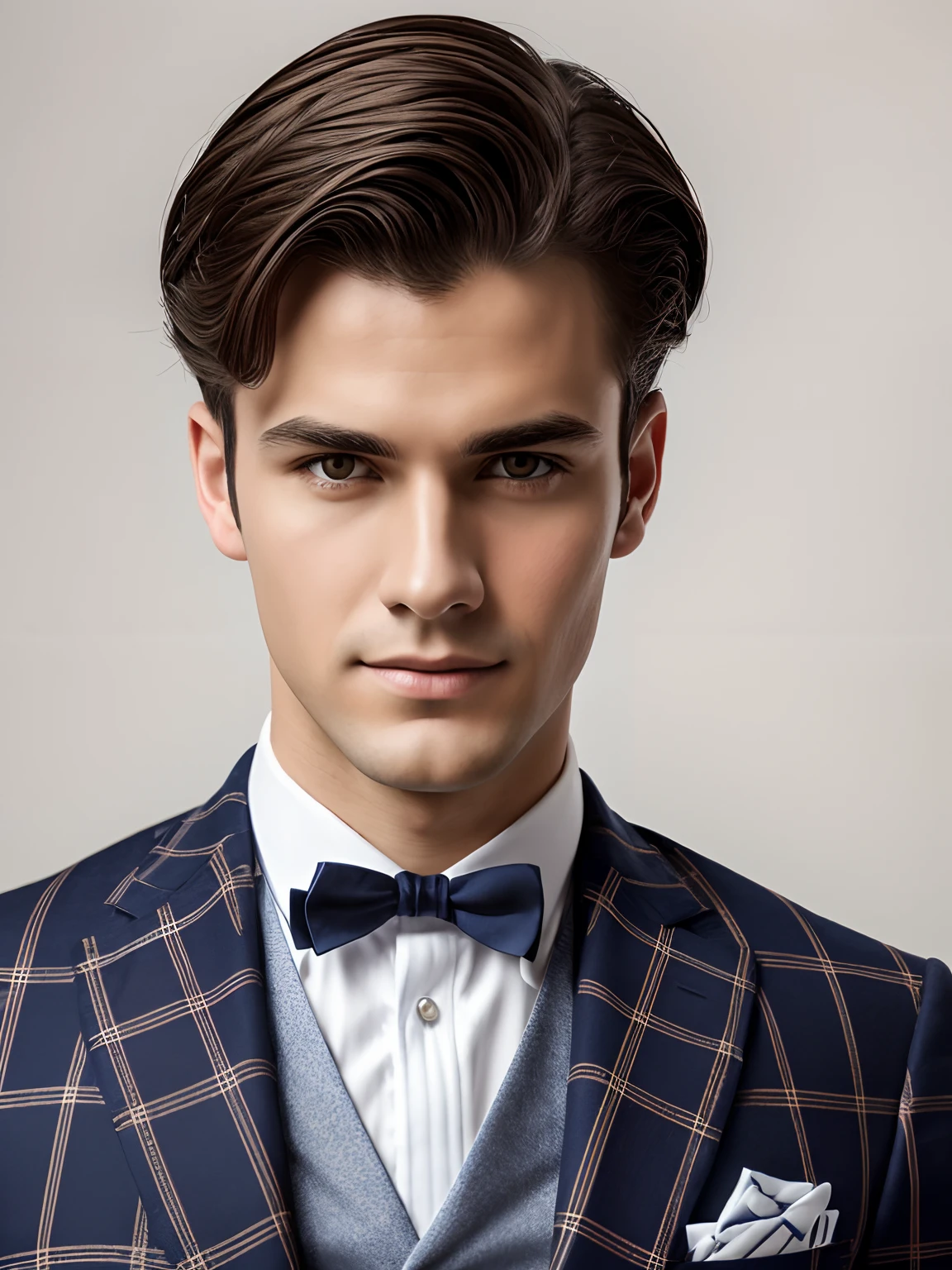 young man in vintage art nouveau style, wearing navy checkered suit, medium close up, white background, high quality photo