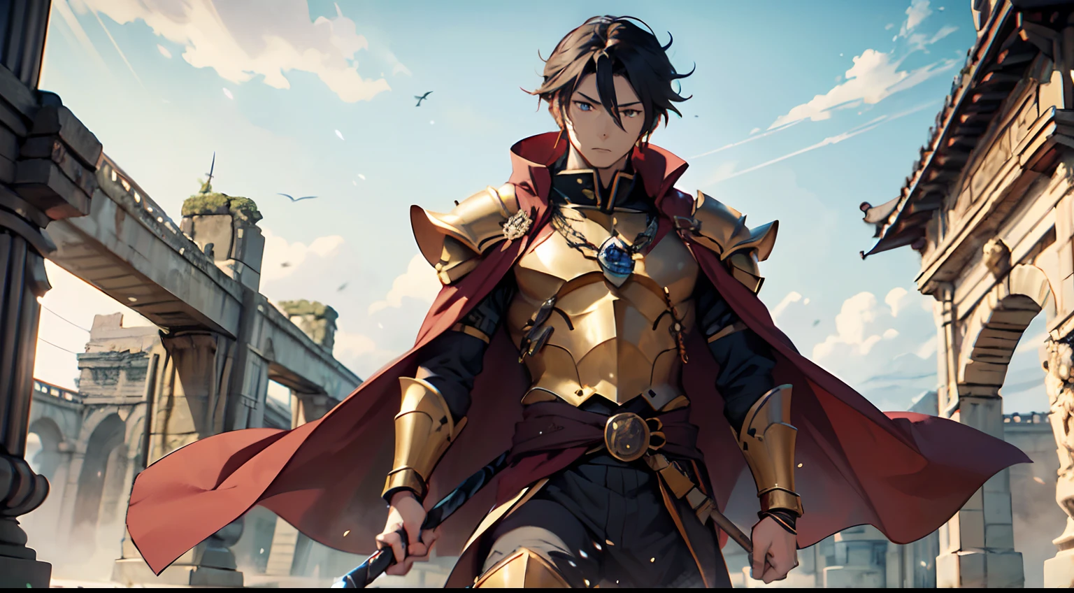 1 Boy, Xin From Kingdom Anime, Armored With Golden Samurai Armor With A Cape, Ultra High Definition, 8k, Handsome, Black And Yellow Pupil Eyes, Long White Hair, Ancient Kingdom Background, Extremely Detailed, Holding A Long Spear, Body To Leg Body Shot,