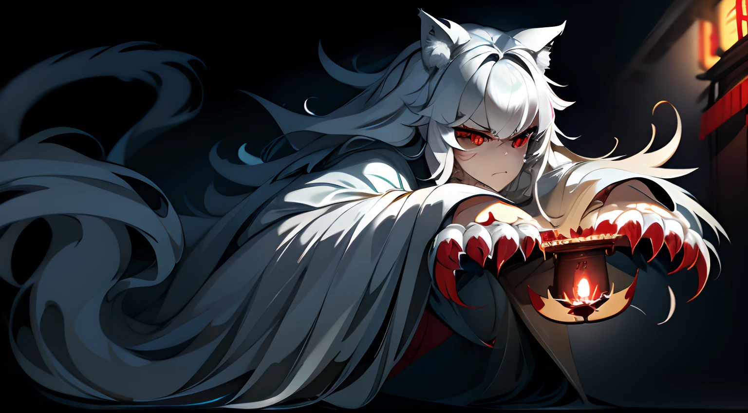 Best quality,Masterpiece,超高分辨率,(Photorealistic:1.4),Big cat,Fierce,Pounce on the camera,(Dynamic Angle),True blood,Angry,Gape,red - eyed,White fangs,(White hair), red color eyes, (full bodyesbian), (((Claws))), Blood drop,Blood fog, Floating hair,Splashing blood,(blood stain),