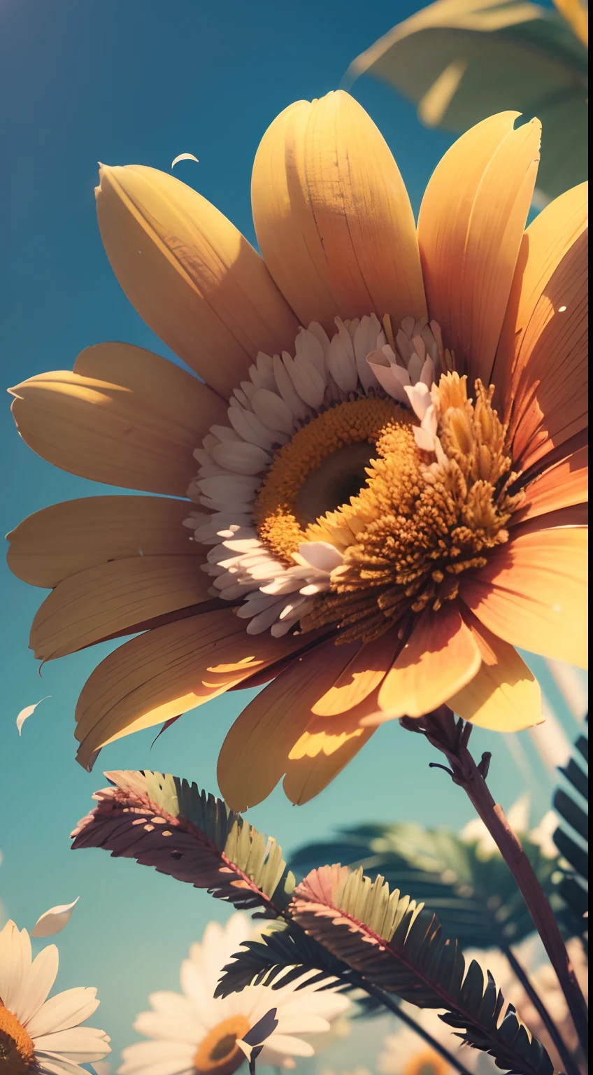 image of a sunny dayscape, vibrant children's, art style, cartoon, artistic, soft color palette, flowers of various types blown by the wind, brightness, magical photography, soft soft lighting, light background, realistic photo, super detailed, 4k, high resolution, super thin sharp, high quality, unique, beautiful colors, rendered 3d,