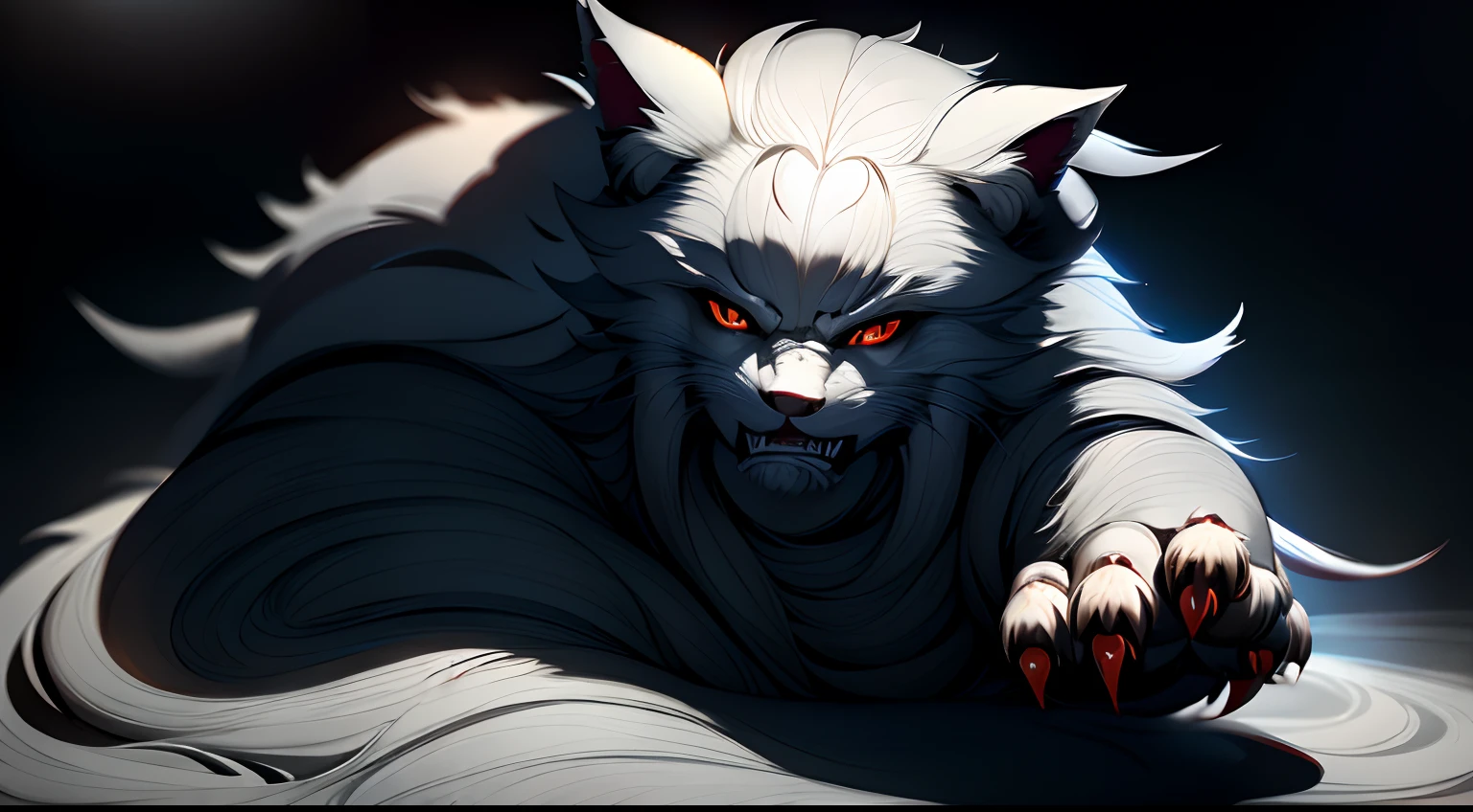 Best quality,Masterpiece,超高分辨率,(Photorealistic:1.4),Big cat,Fierce,Pounce on the camera,(Dynamic Angle),True blood,Angry,Gape,red - eyed,White fangs,(White hair), red color eyes, (full bodyesbian), (((Claws))), Blood drop,Blood fog, Floating hair,Splashing blood,(blood stain),