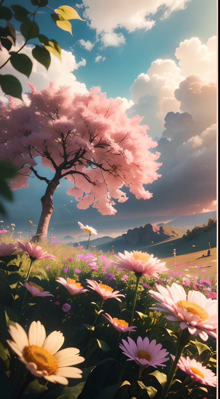 image of a sunny dayscape, vibrant children's, art style, cartoon, artistic, soft color palette, flowers of various types blown by the wind, brightness, magical photography, soft soft lighting, light background, realistic photo, super detailed, 4k, high resolution, super thin sharp, high quality, unique, beautiful colors, rendered 3d,