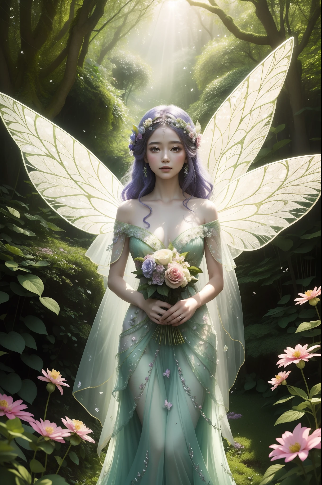 Flower fairy as the center of a whimsical forest scene where vibrant flowers and lush greenery create a magical backdrop. Flower Fairy, A delicate and ethereal existence, florals々Hovering gracefully, Her gossamer wings shimmer in the mottled sunshine. She wears a gown woven with petals and leaves, Decorated with intricate floral patterns that reflect her surroundings.