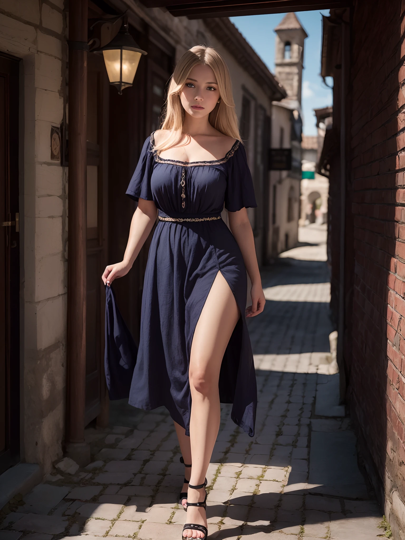 Best Quality, masutepiece, photos realistic, Intricate details, Raw photo, ultra-detailliert, Old fashioned young woman, In peasant style dress, No neckline, Blonde hair, Perfect details and blue eyes, Walk through the Old Town, HD quality, 8K, Young Woman, 20 years old