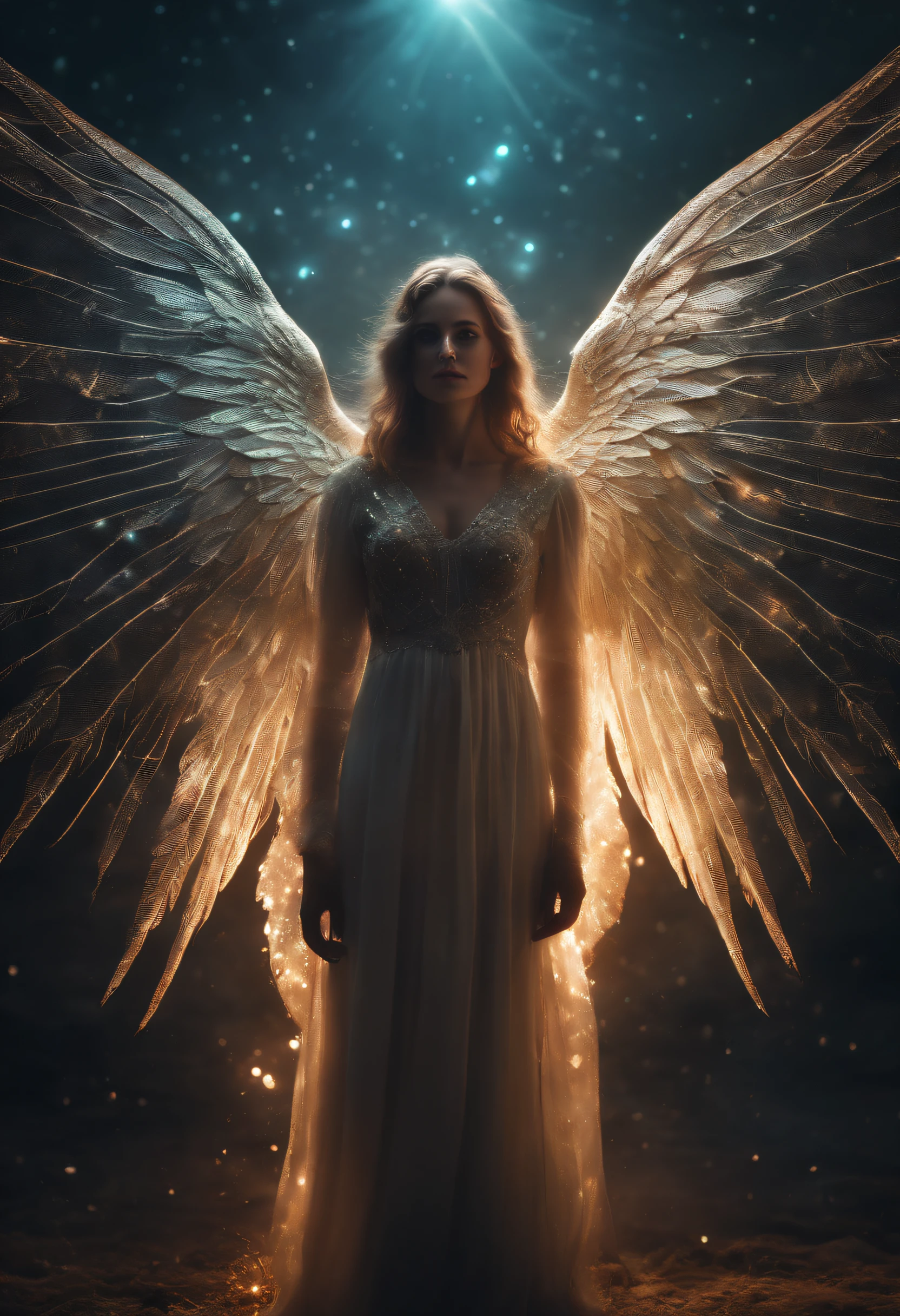 Cosmic Fallen Female Angel, Bright and clear eyes, Biomechanicals, Strangely, horrid, nightmare, Very bright colors, Light particles, There is bright light, Mshiv, wallpaper art, ultra HD wallpaper