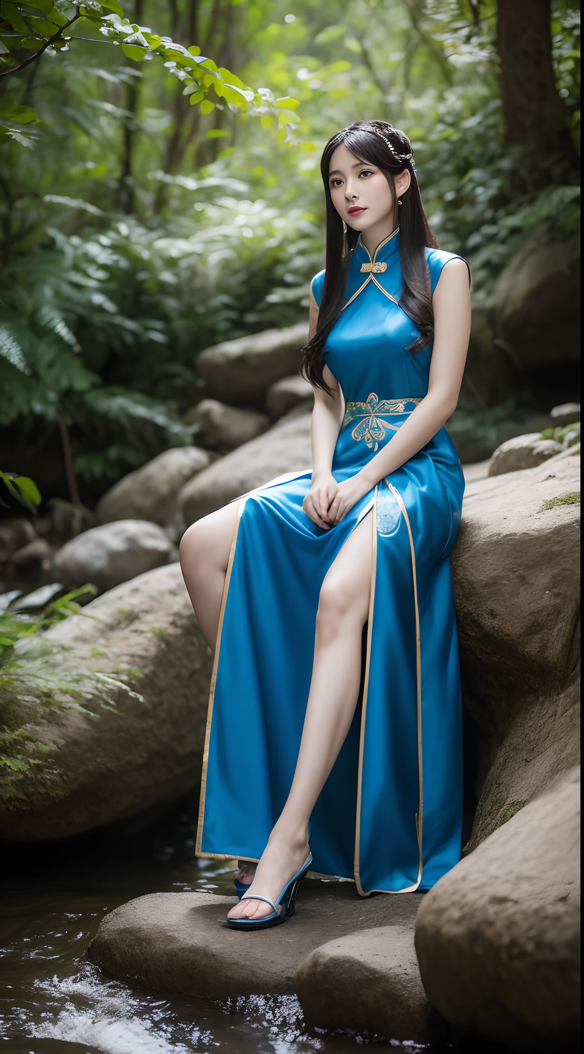 (A beautiful girl of Arab descent sitting on a rock in front of a waterfall, Chinese style, Young Chinese girl, Elegant short cheongsam, in a blue qipao, TRADITIONAL CHINESE COSTUMES, Chinese woman, Wearing a blue cheongsam, 8K), Ethereal beauty, Charming Chinese model, Traditional beauty, Lovely lady, 🌺 Chinese society, floating dress, Pair with ancient Chinese clothing,Woman slender smooth long legs,Perfect body proportion,Beautiful and elegant face, 详细的脸, A detailed eye,photo-realistic hair,long whitr hair, cinematic compositions,Mature and plump body,Tight gauze garment,Delicate legs