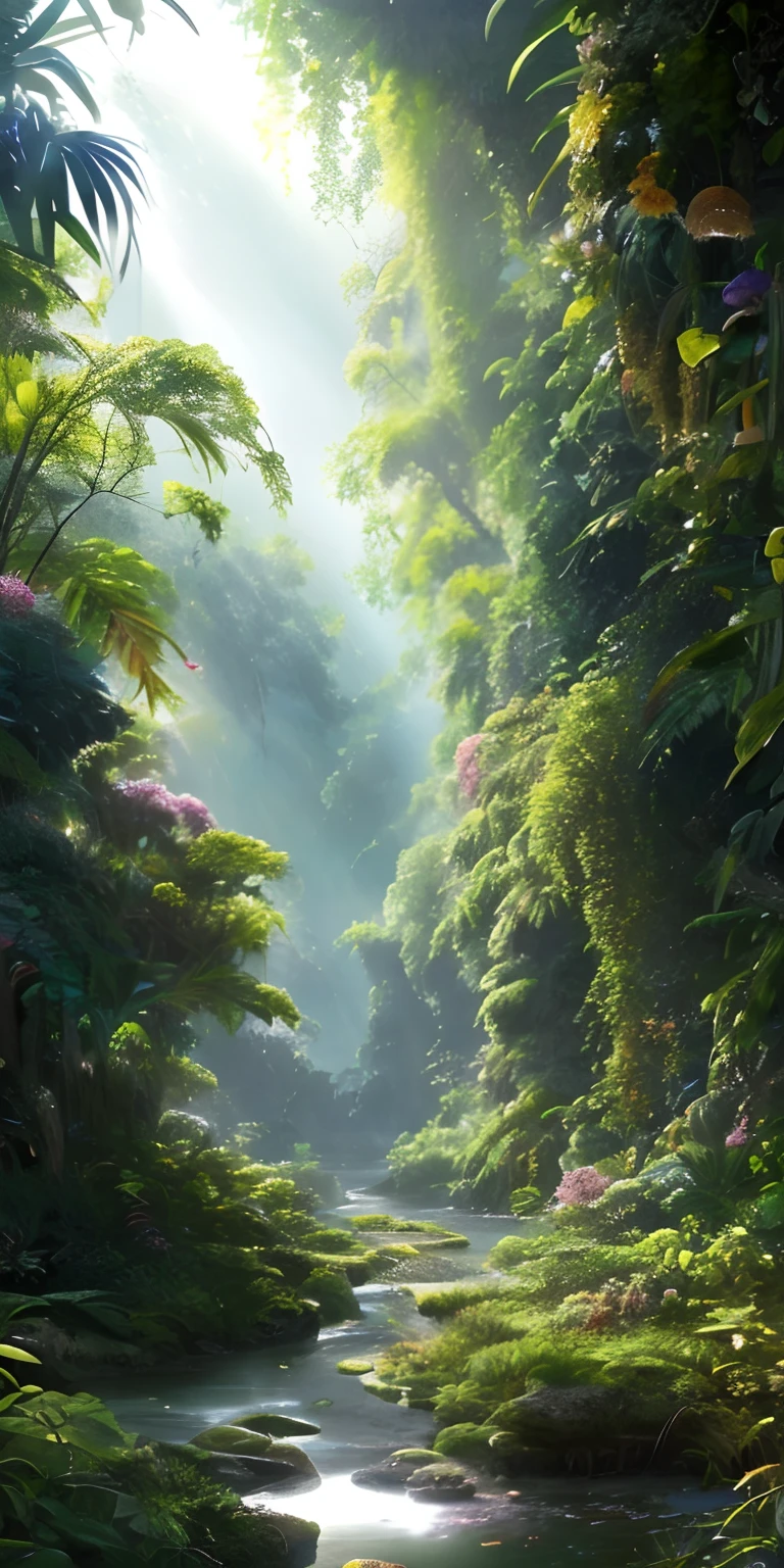 Digital illustration, detailed and intricate, of a lush African savanna filled with exotic flowers, plants and animals, the sunlight filtering through the canopy creating a dappled effect. A quiet river with small steps runs through the jungle, In the style of Yoshitaka Amano and Hayao Miyazaki, masterpiece, proportional, detailed, trending on artstation, beautiful lighting, realistic, intricate, award winning, 4k, highest quality, Award-winning, 4K digital painting in the style of Yoshitaka Amano. Beautiful lighting and cinematic composition make this piece a true masterpiece, trending on artstation