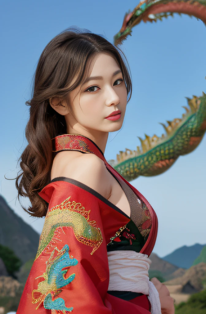 (masterpiece:1.2), ultra detailed, ultra high res, (realistic, photo realistic:1.37), high detail RAW color photo, professional photograph, an extremely delicate and beautiful, extremely detailed, finely detail, huge file size, extremely detailed beautiful girl, extremely detailed face, extremely detailed eyes, extremely detailed skin, extremely detailed nose, extremely detailed mouth, perfect anatomy, highly detailed background, (a famous actress of Japan:1.2), (gyaru:1.1), (flat chest:1.3), Dynamic lighting, full body, (kimono with dragon embroidery:1.3), (dragon in the background:1.6), bare shoulders, (dynamic pose:1.4),