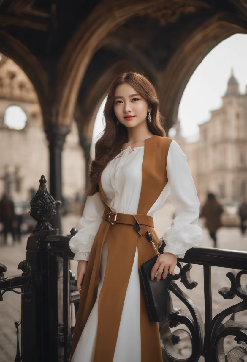 「A modern twist on Joan of Arc、Rebuild into an 18-year-old figure as a beautiful girl。Below are the detailed characteristics:
-hairdo: Medium length(Length to shoulder)Wavy Hair
- Hair color: Dark brown hair
- facial features;: High nose bridge、Big eyes(Color is blue)、There is a healthy redness on the cheeks、Charming smile
- skin features;: With natural skin tone、Beautiful skin quality
-Dress: Dress in a modern style、Jackets and jeans、boots
-facial expression: Confident、Charming smile
-background: Urban background、Skyline behind a modern cityscape
-pose: Standing、Holding a smartphone in your right hand
- Other special requests: Incorporate Joan of Arc's historical accents and elements in a modern twist。
A modern twist on the spirit of Joan of Arc、Please portray yourself as an 18-year-old beautiful girl。」