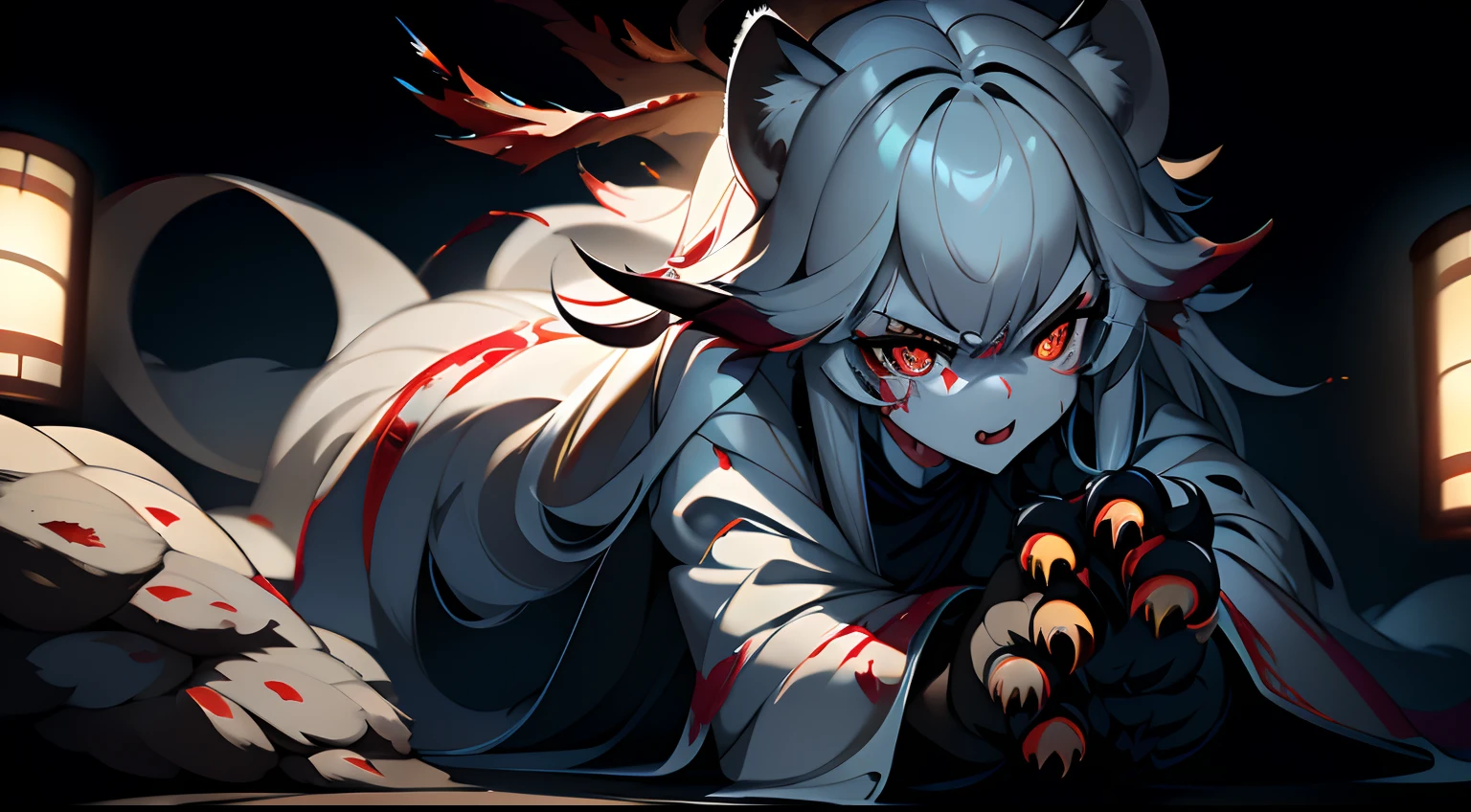 Best quality,Masterpiece,超高分辨率,(Photorealistic:1.4),Big cat,Fierce,Pounce on the camera,(Dynamic Angle),True blood,Angry,Gape,red - eyed,White fangs,(White hair), red color eyes, (full bodyesbian), (((Claws))), Blood drop,Blood fog, Floating hair,Splashing blood,(blood stain),