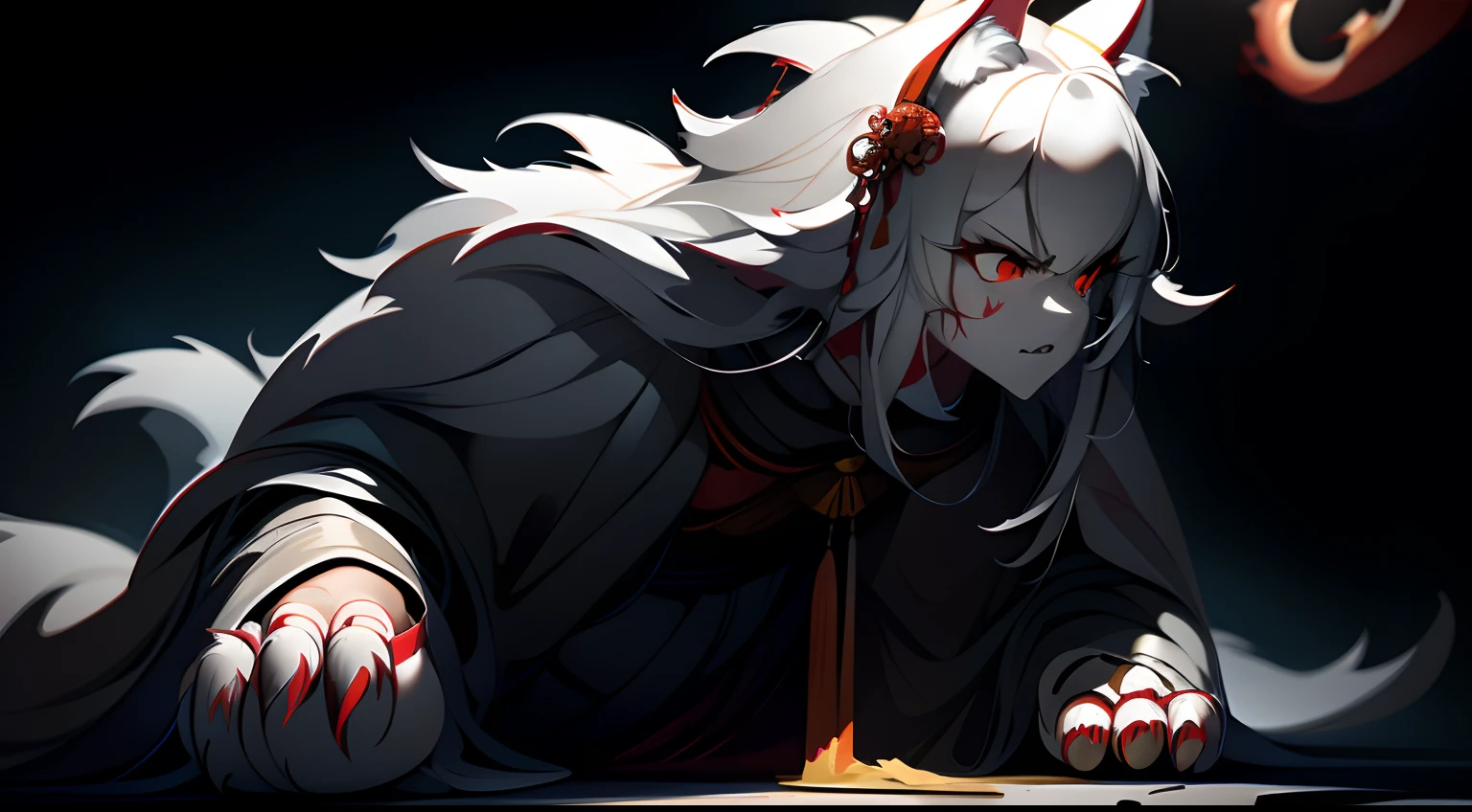 Best quality,Masterpiece,超高分辨率,(Photorealistic:1.4)，Big cat,Fierce，Pounce on the camera,(Dynamic Angle),True blood,Angry,Gape,red - eyed,White fangs,(White hair), red color eyes, (full bodyesbian), (((Claws))), Blood drop,Blood fog, Floating hair，Splashing blood,(blood stain),