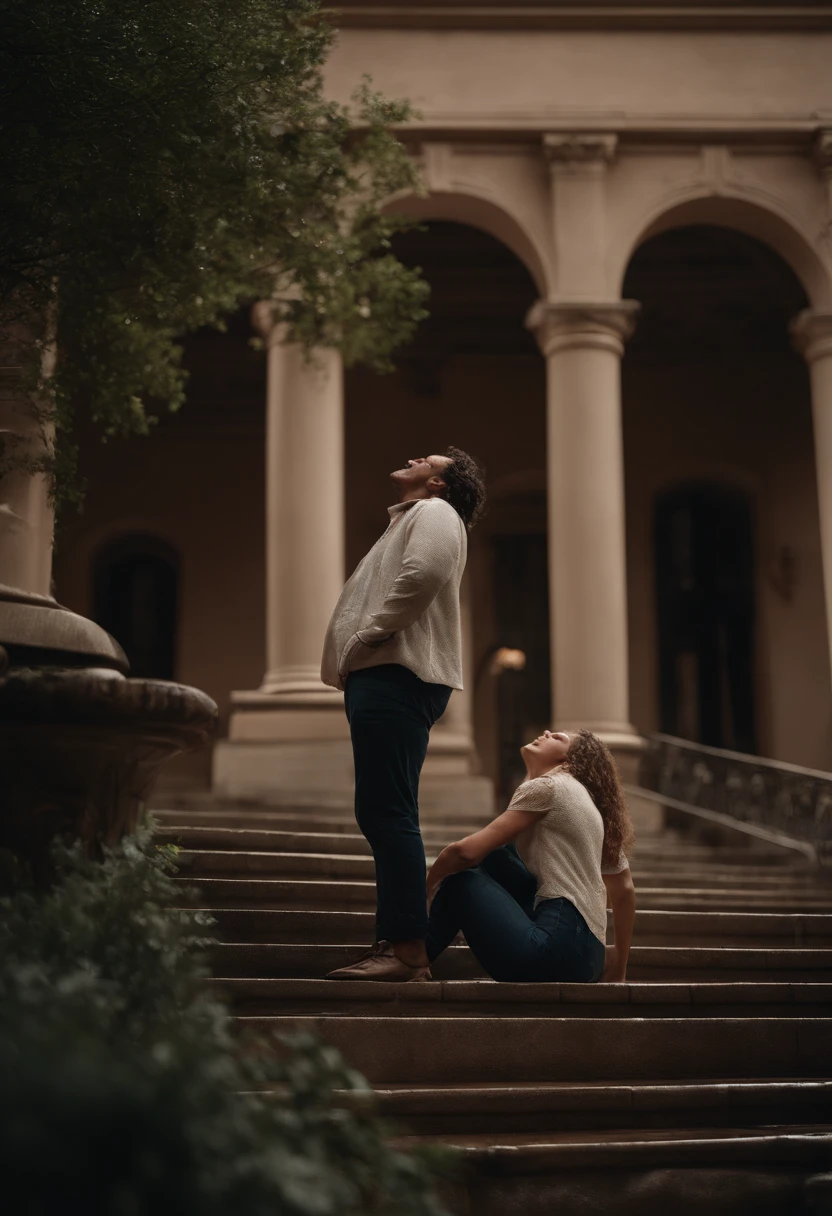 of a guy,On the steps,Holding a woman lying flat in her arms,The heavy rain soaked the whole body,The woman is completely relaxed and weak,The man looked up at the sky