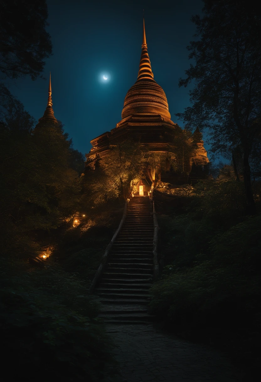 Spooky village at night,There is a big squat Buddha in the forest