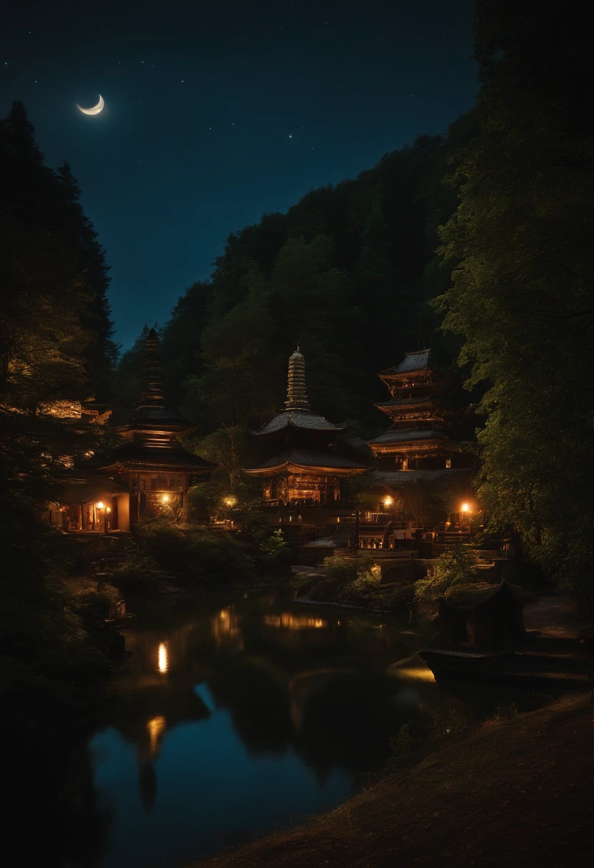 Spooky village at night,There is a big squat Buddha in the forest