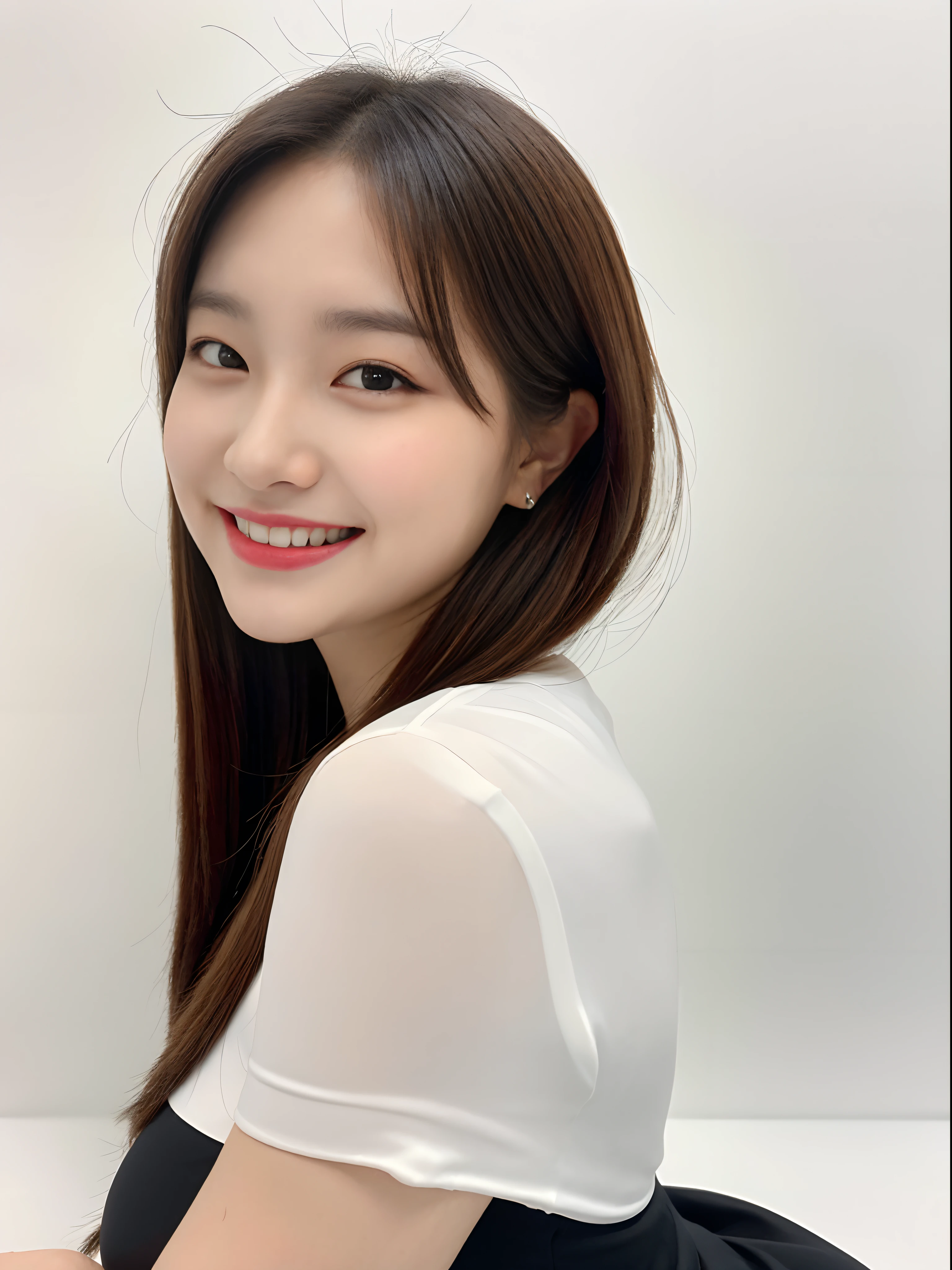 Best quality at best, masterpiece, 1Girl, beautifull face, (Photo Photorealistic:1.3), rim lighting, (High-detail skins:1.2), 8K UHD, DSLR, highs quality, high resolucion, 8K, Bokeh, absurderes, Best Ratio Four Fingers and One Thumb, (realisitic: 1.3), cute 1girl, white tea, mediuml breasts, short skirts, ((White background)), ((profile photo)), Smiling faces, Korean idol makeover
