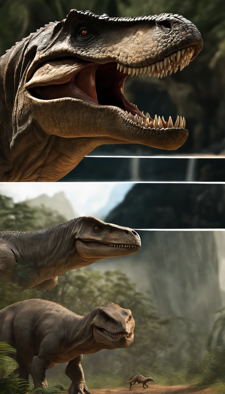 Dinosaurs, characterized by Large head with small teeth; openings in skull above jaws, with fairly short arms and a bipedal gait. it's believed that Dinosaur resembled a scaled-down Tyrannosaurus Rex (masterpiece), (ultra-detailed), (8k)