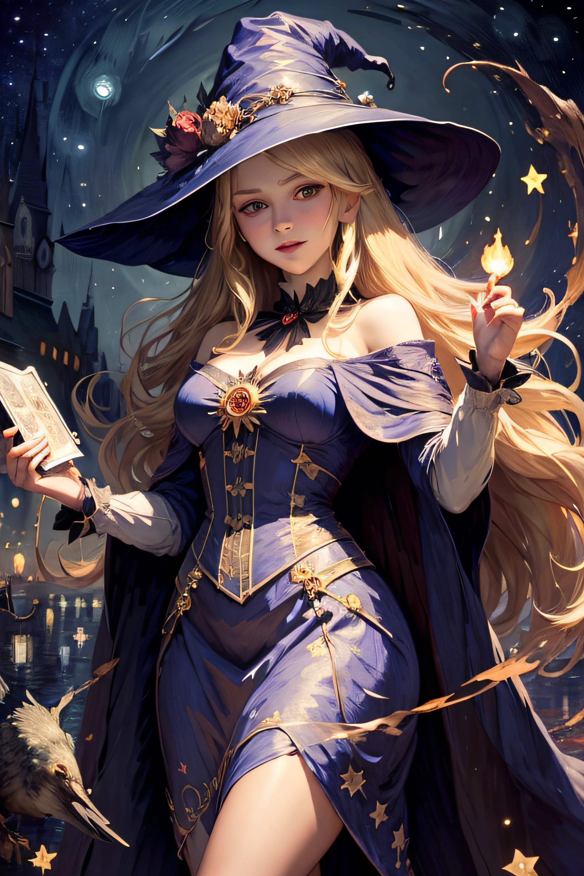 ((Masterpiece:1.2, Best quality)), 1womanl, Solo, (Witch hat), Blonde hair, Long hair, dress, aurora, Night, Star (sky), mitts, sky, White dress, Night sky, Open mouth, starrysky, Golden eyes, ribbon, Very long hair, Red dress, Smile, Hair ribbon, Cape, Blonde hair, (Bird), magic, casting spell, Dark clouds, Night, (Impressionism:1.4), (tarot:1.3), Alphonse Mucha,grown woman