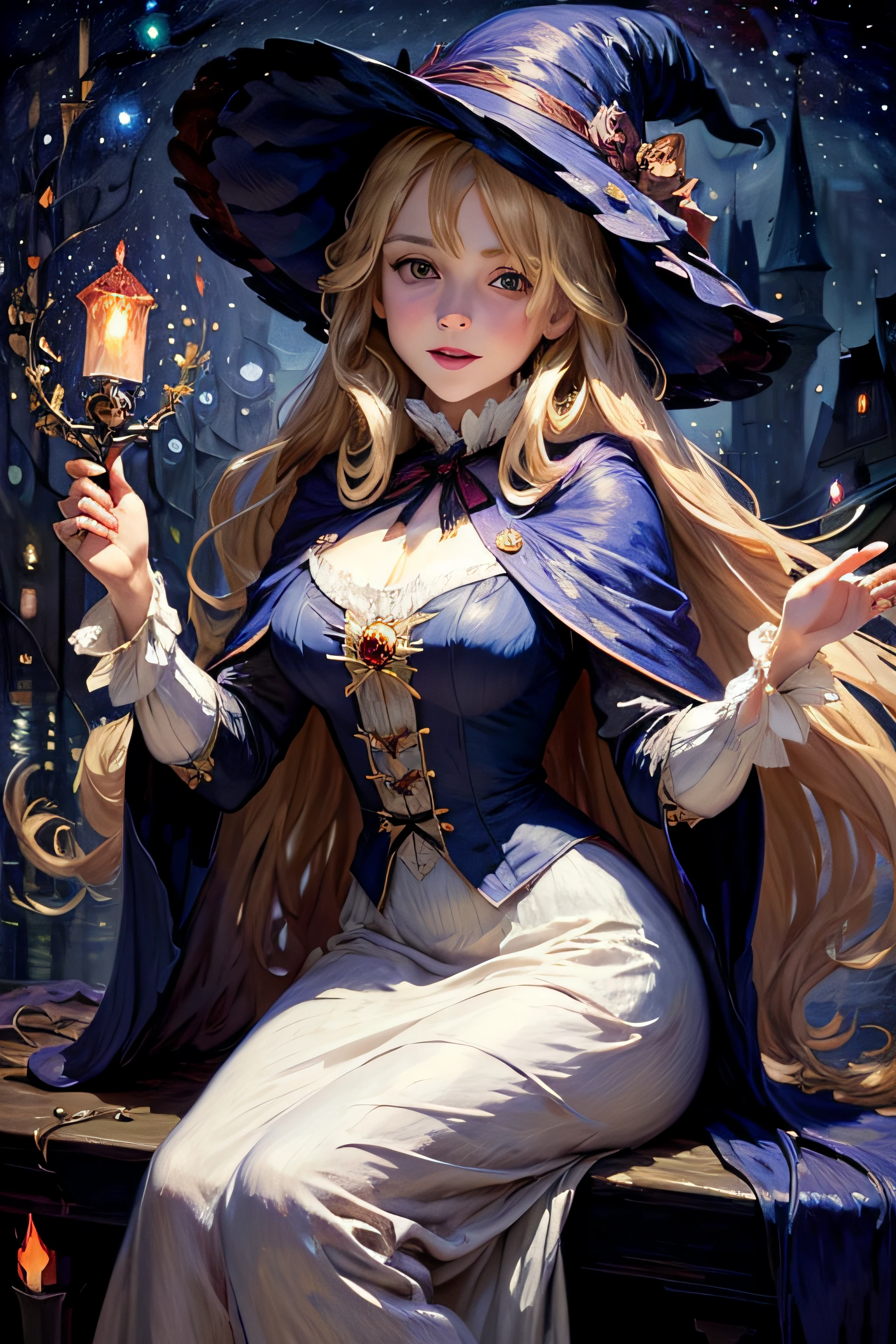 ((Masterpiece:1.2, Best quality)), 1womanl, Solo, (Witch hat), Blonde hair, Long hair, dress, aurora, Night, Star (sky), mitts, sky, White dress, Night sky, Open mouth, starrysky, Golden eyes, ribbon, Very long hair, Red dress, Smile, Hair ribbon, Cape, Blonde hair, (Bird), magic, casting spell, Dark clouds, Night, (Impressionism:1.4), (tarot:1.3), Alphonse Mucha,grown woman