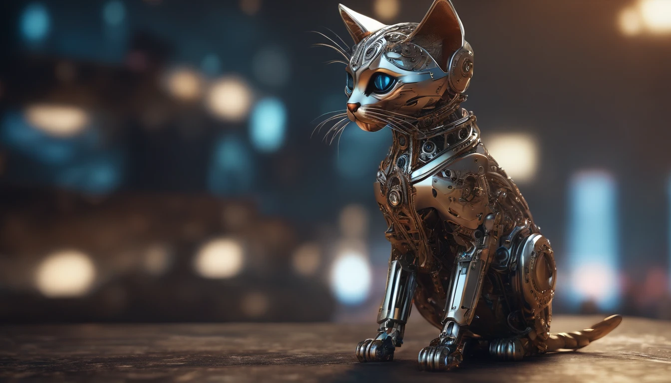 A cute kitten made of metal, robot, cyberpunk style, ((intricate details)), hdr, ((intricate details, super detailed)), cinematic footage, vignette