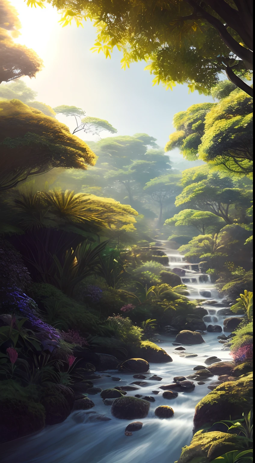 Digital illustration, detailed and intricate, of a lush African savanna filled with exotic flowers, plants and animals, the sunlight filtering through the canopy creating a dappled effect. A quiet river with small steps runs through the jungle, In the style of Yoshitaka Amano and Hayao Miyazaki, masterpiece, proportional, detailed, trending on artstation, beautiful lighting, realistic, intricate, award winning, 4k, highest quality, Award-winning, 4K digital painting in the style of Yoshitaka Amano. Beautiful lighting and cinematic composition make this piece a true masterpiece, trending on artstation