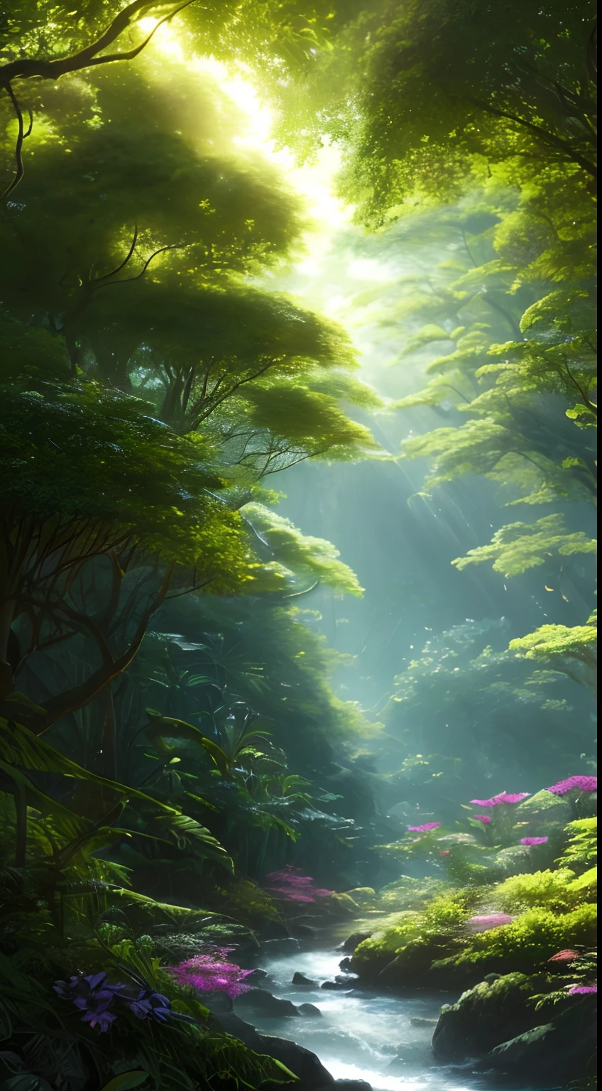 Digital illustration, detailed and intricate, of a lush African savanna filled with exotic flowers, plants and animals, the sunlight filtering through the canopy creating a dappled effect. A quiet river with small steps runs through the jungle, In the style of Yoshitaka Amano and Hayao Miyazaki, masterpiece, proportional, detailed, trending on artstation, beautiful lighting, realistic, intricate, award winning, 4k, highest quality, Award-winning, 4K digital painting in the style of Yoshitaka Amano. Beautiful lighting and cinematic composition make this piece a true masterpiece, trending on artstation
