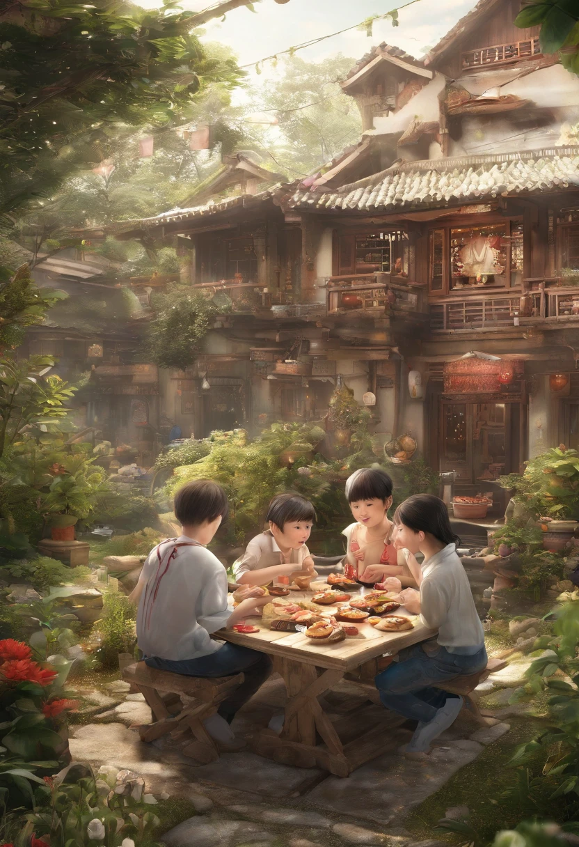 Chinese lunar solar terms:Heat rush。Small children in the shade of trees,Eat watermelon on the mattress,The kitten lay lazily on its belly next to it,Grandma fanned on the side。There are a few small birds stopping and jumping above the tree,In the thatched hut, the mother came out of the thatched curtain。
