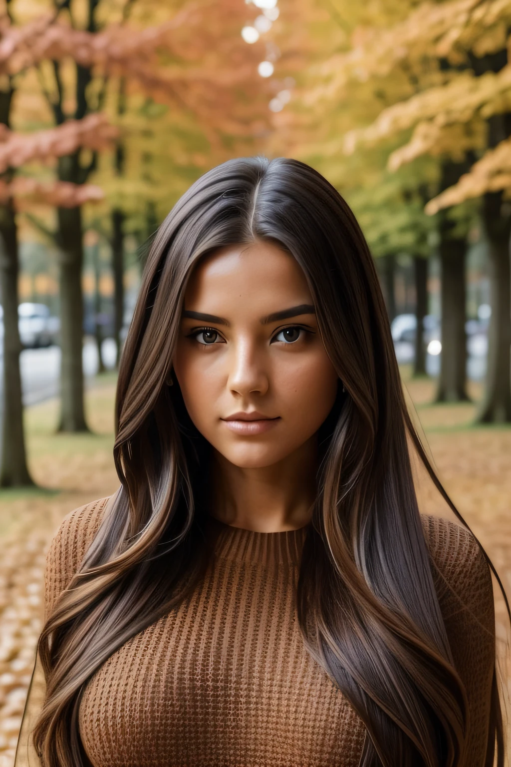 Photo of a stunning girl, In an autumn jumper, long hair on one side, heavy bust 36DD, is looking at the camera, symmetric eyes, Symmetrical facial, Photorealistic, photografic, Path trace, specular lighting, Volumetric face illumination, The path of traced hair, Visible shadows, Intricate, Elaborate