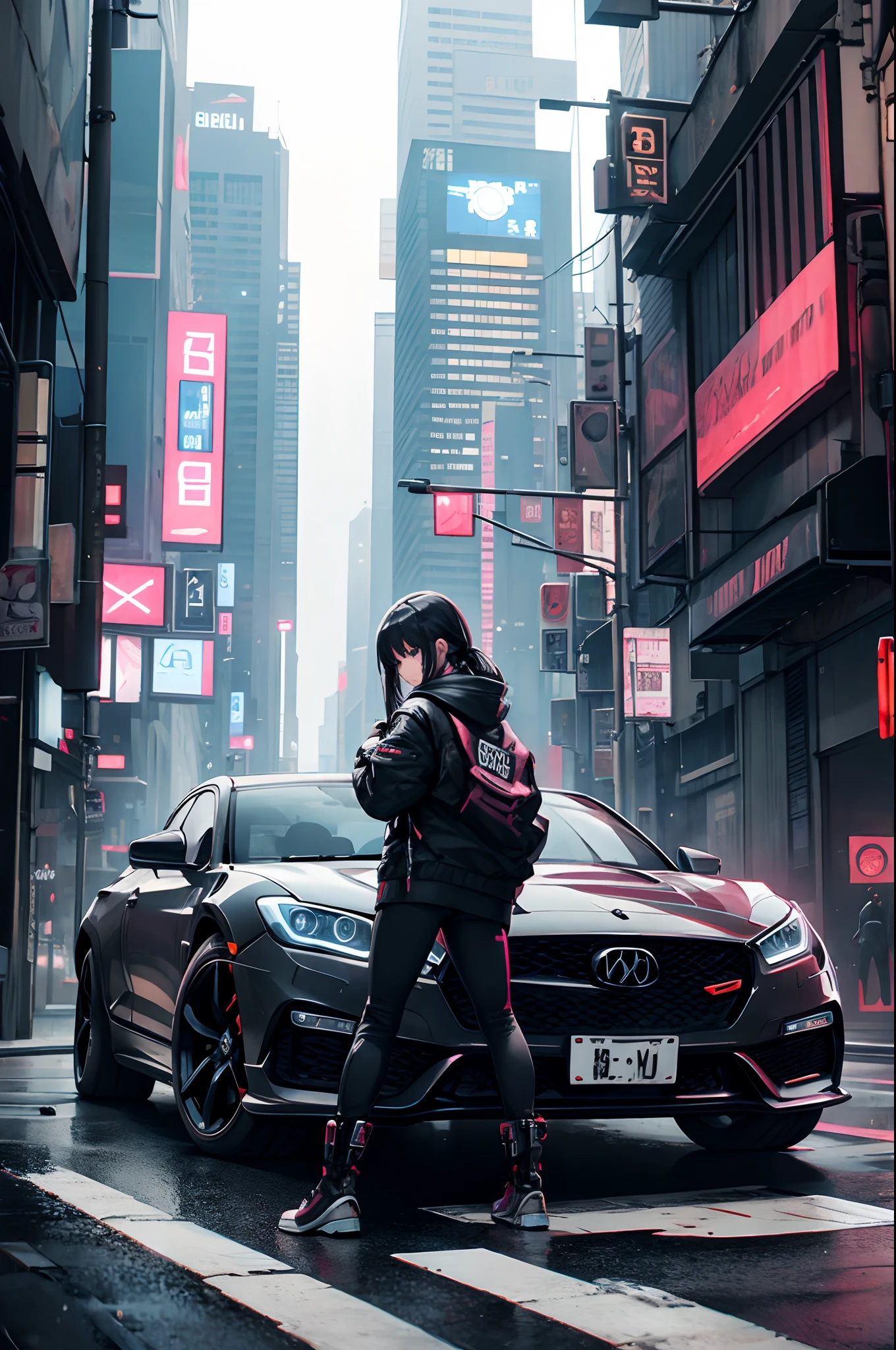 Cyberpunk cars、Girl leaning against car、Rough look、ruins、natta