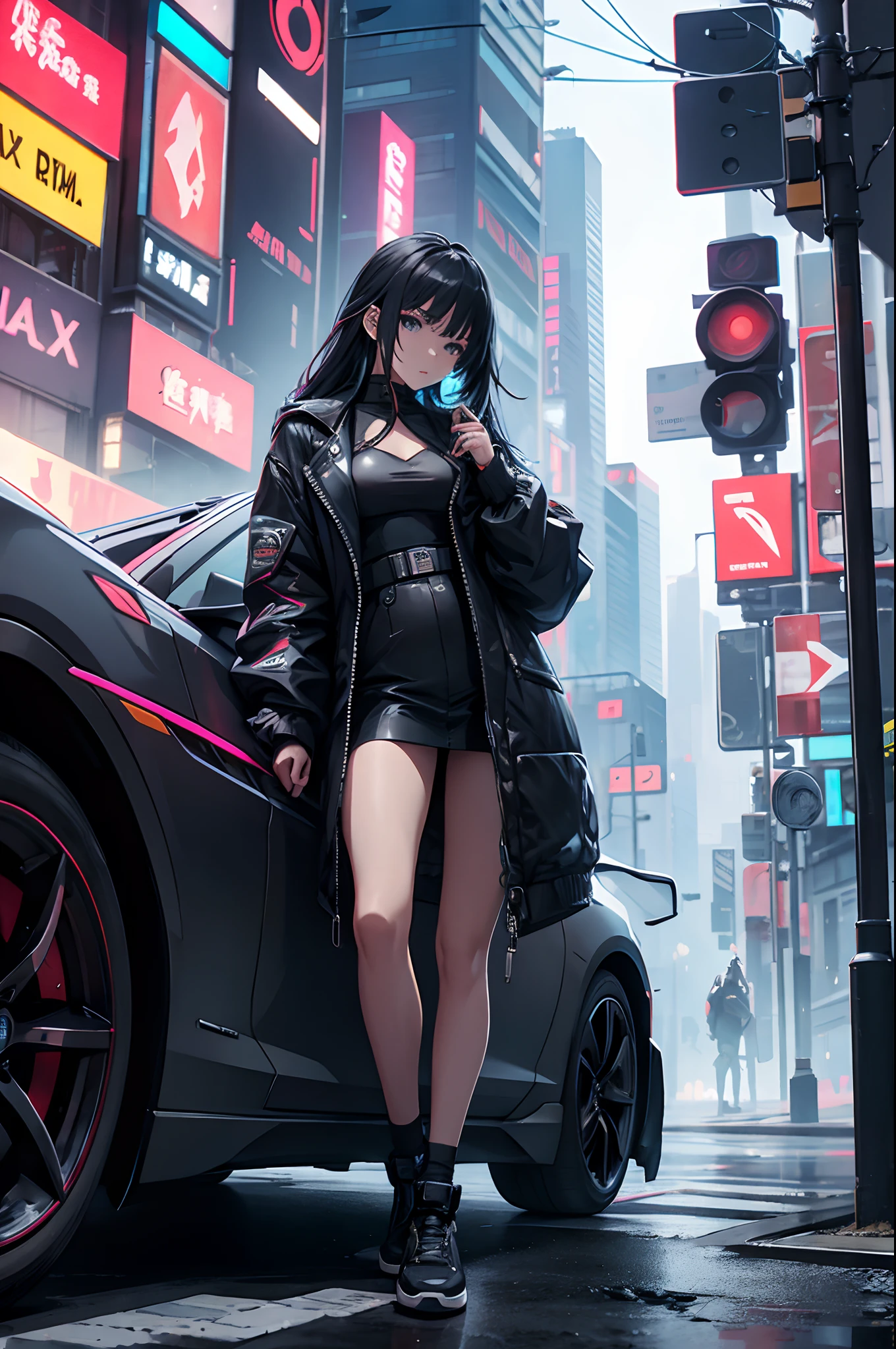 Cyberpunk cars、Girl leaning against car、Rough look、ruins、natta