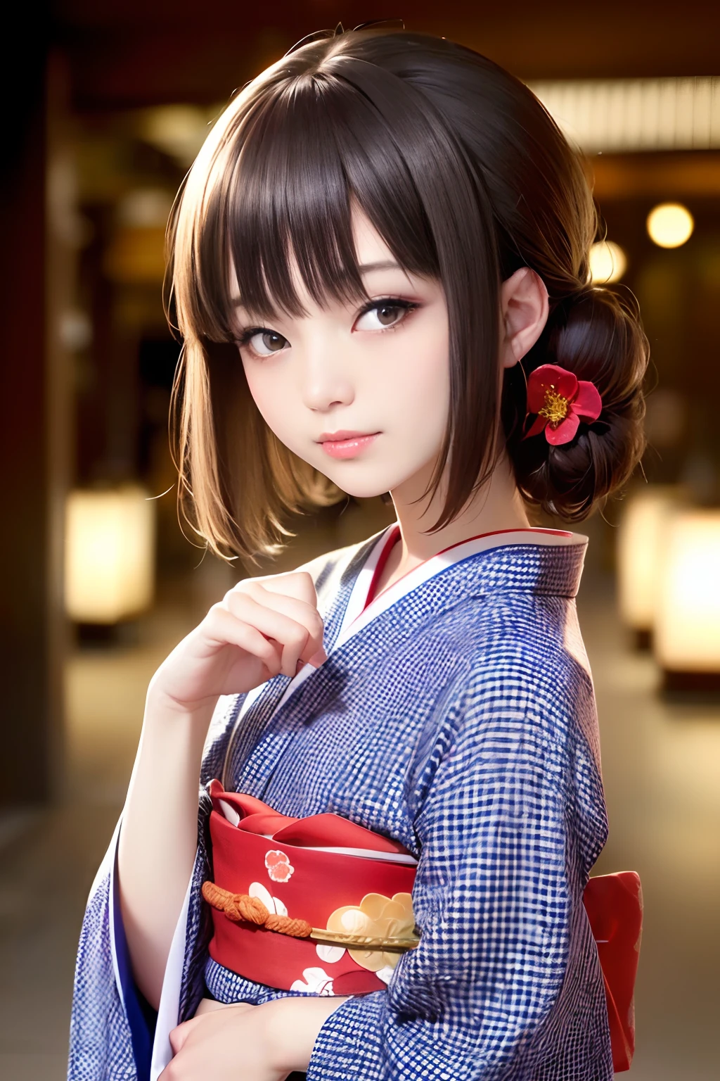 Upper body from the waist up、Are sleeping、nap、(Sleeping with your eyes closed)、(4In K、masterpiece、hight resolution、Realistic and beautiful light and shadow、One girl、Solo Focus、(top-quality)、(Hi-Res)、(extremely delicate and beautiful)、(Beautiful 8k face)、(Brown-eyed)、(I close my eyes while smiling.)、(独奏)、(Clear skin)、(Soft hair)、(hugetits)、(Plaid kimono, Red and blue floral yukata)、((Awa Odori Pose))、((Bokeh lantern light night background))、((speedo))、(reality)、thin and small nose、(red lipsticks)、(Reddening cheeks)、poneyTail、(Lustrous skin)、((Ukiyo-e style))、Ultra-thin eyebrows、Ultra high image quality、(Wearing maiko-style makeup)、skin whitening、long and beautiful lashes、Turning around in the style of a Kyoto magazine model、((s asleep))、Lustrous skin、(Red-dyed cheeks)