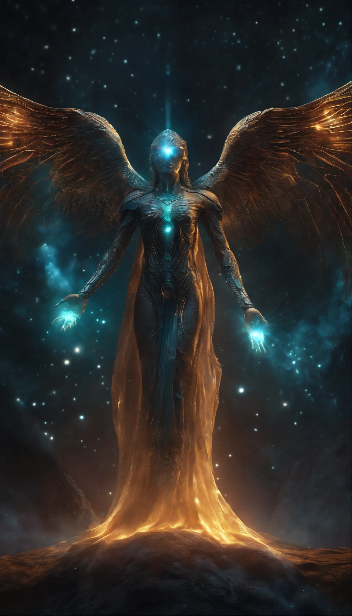 Cosmic Fallen Angel, Glowing light eyes, biomechanical, eldritch, Creepy, nightmarish, Very bright colors, light particles, with luminous light, Mshiff, Wallpaper Art, UHD wallpaper
